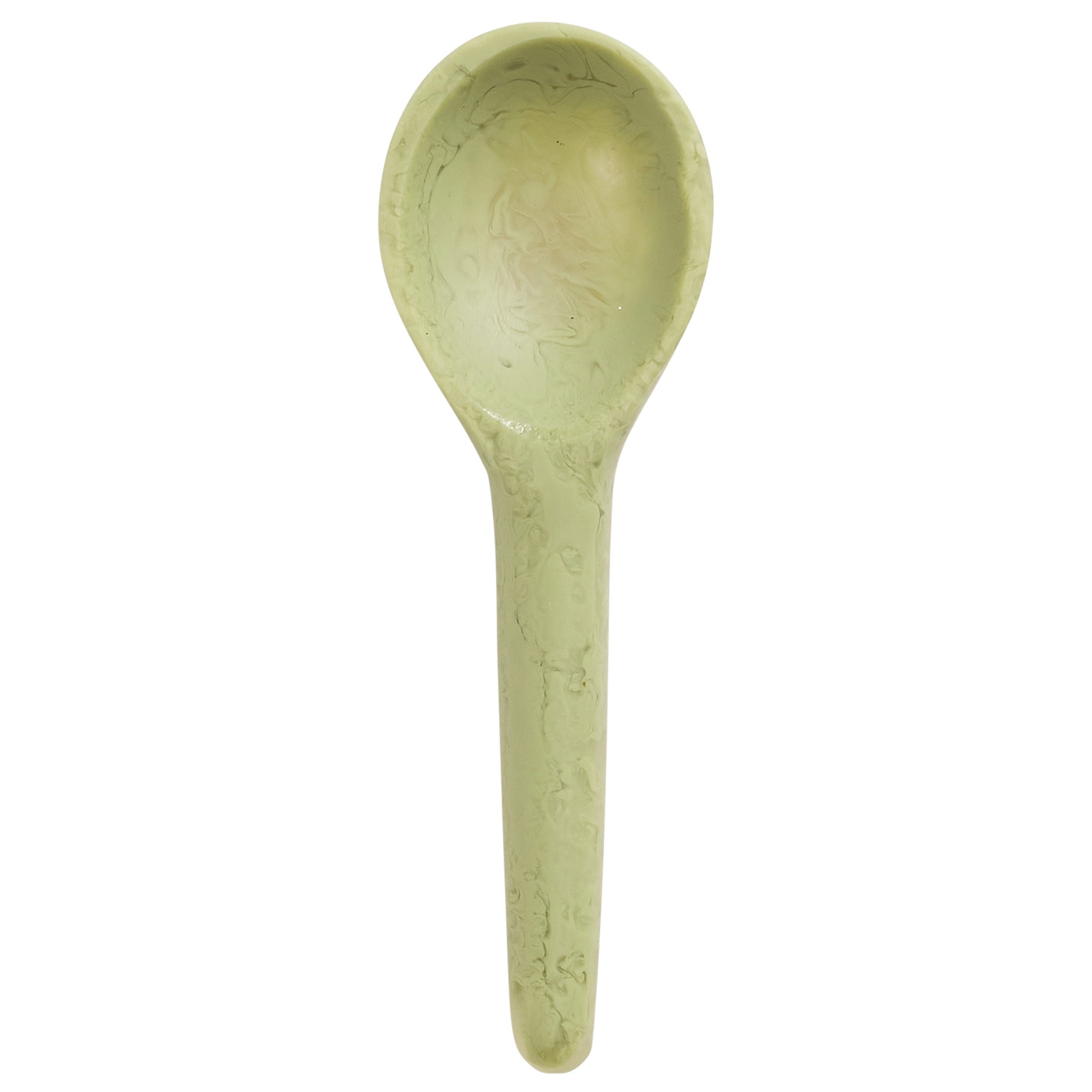A single green resin spoon with a smooth finish and a handle, against a white background.
