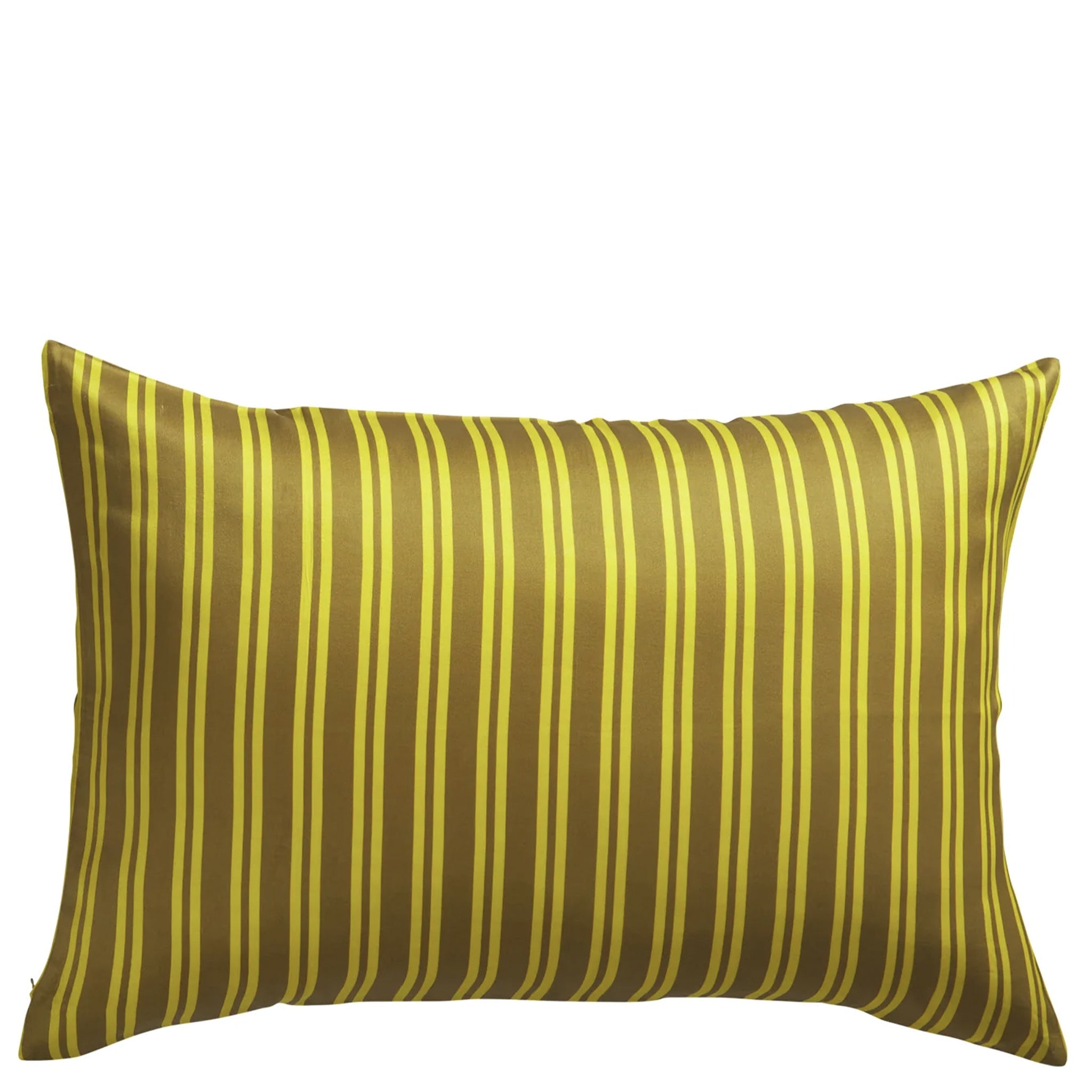 Striped pillow with green and yellow pattern on a white background