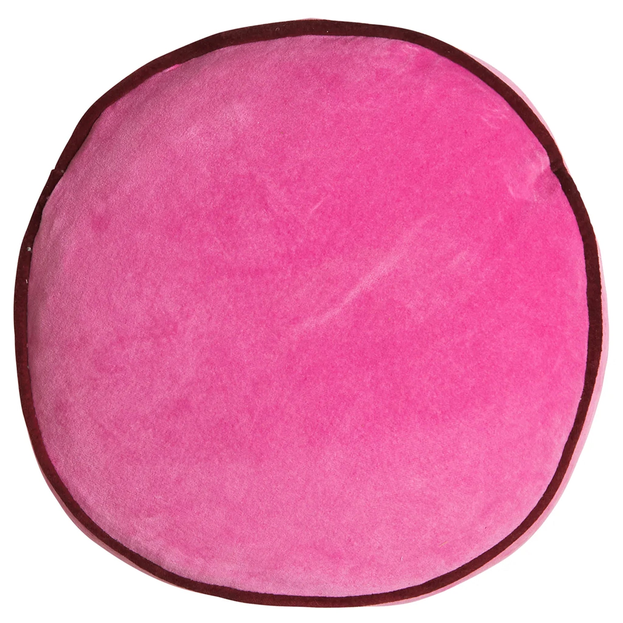 Round pink cushion with a brown border on a white background