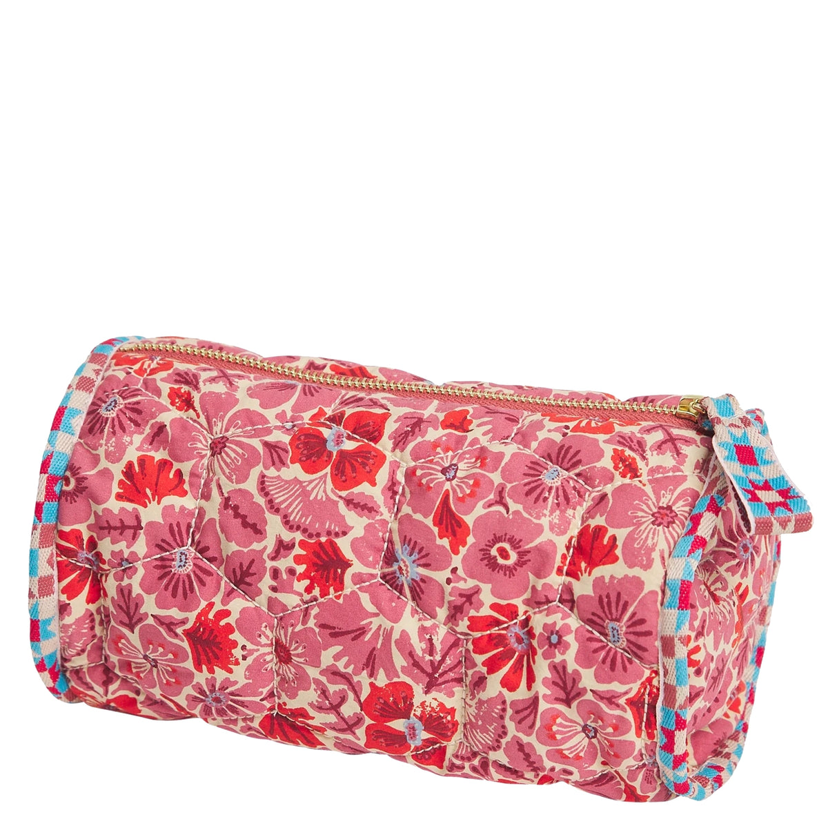 Sage x Clare Magnolia Makeup Bag - Poppy, quilted barrel bag in red and pink floral with gold zip and woven strap