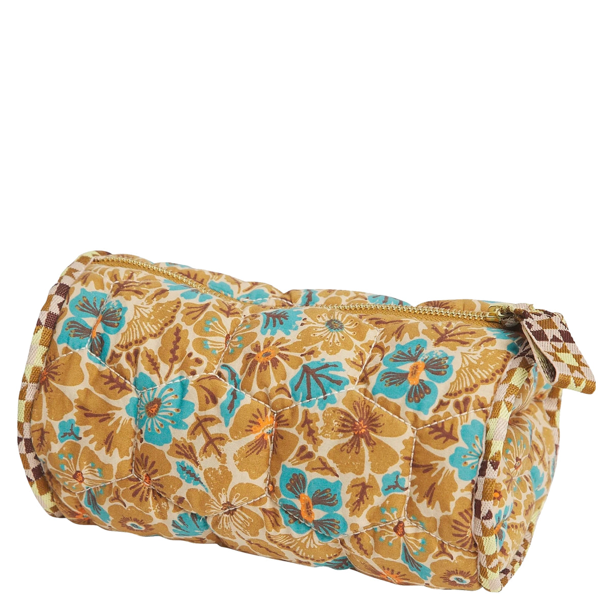 Sage x Clare Magnolia Makeup Bag - Turquoise, quilted barrel bag in teal and golden floral with gold zip