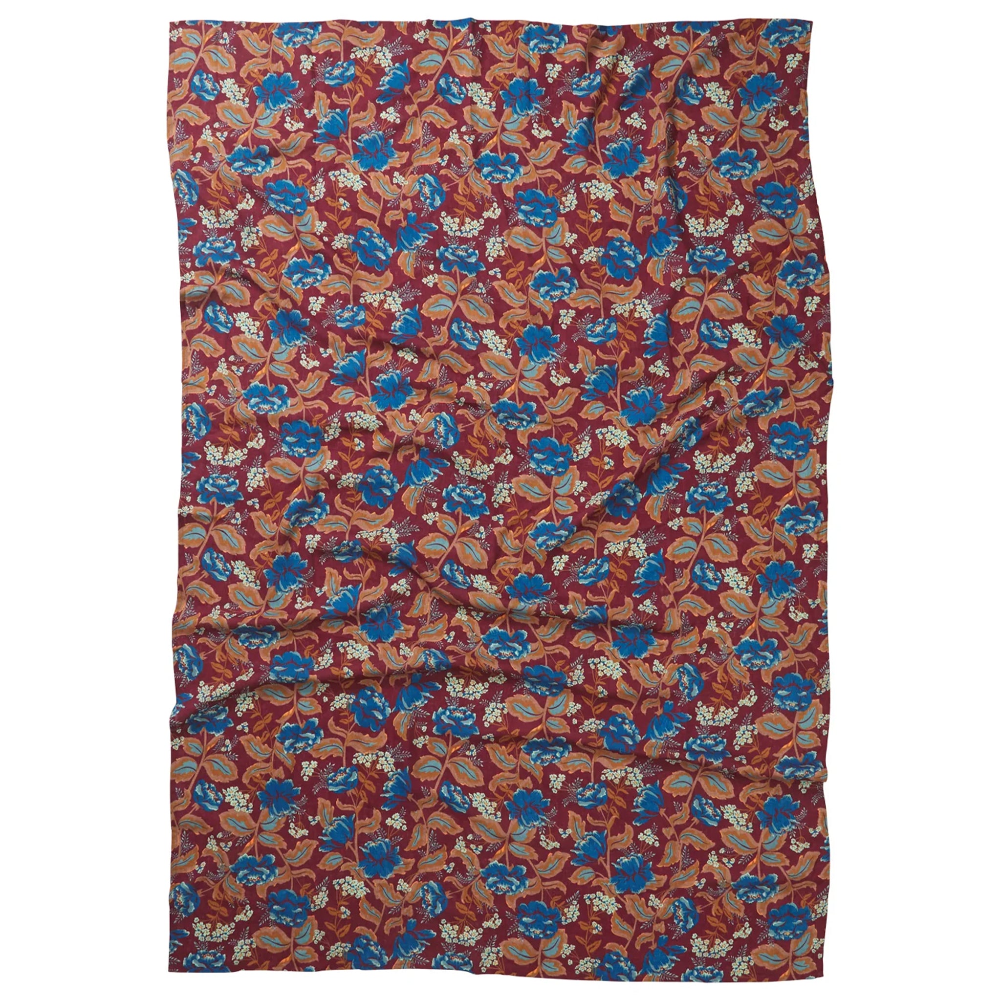 A mahogany colored linen tablecloth with a floral pattern laid out flat.
