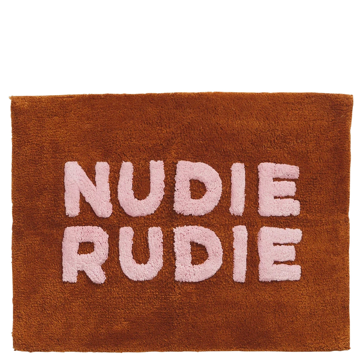 Sage x Clare Nudie Bath Mat Mini - Russet, chunky pink tufted Nudie Rudie lettering on russet terry