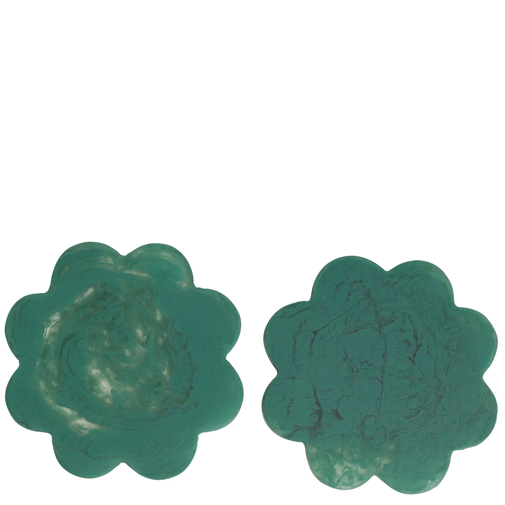 A set of two green floral resin coasters with scalloped edges.