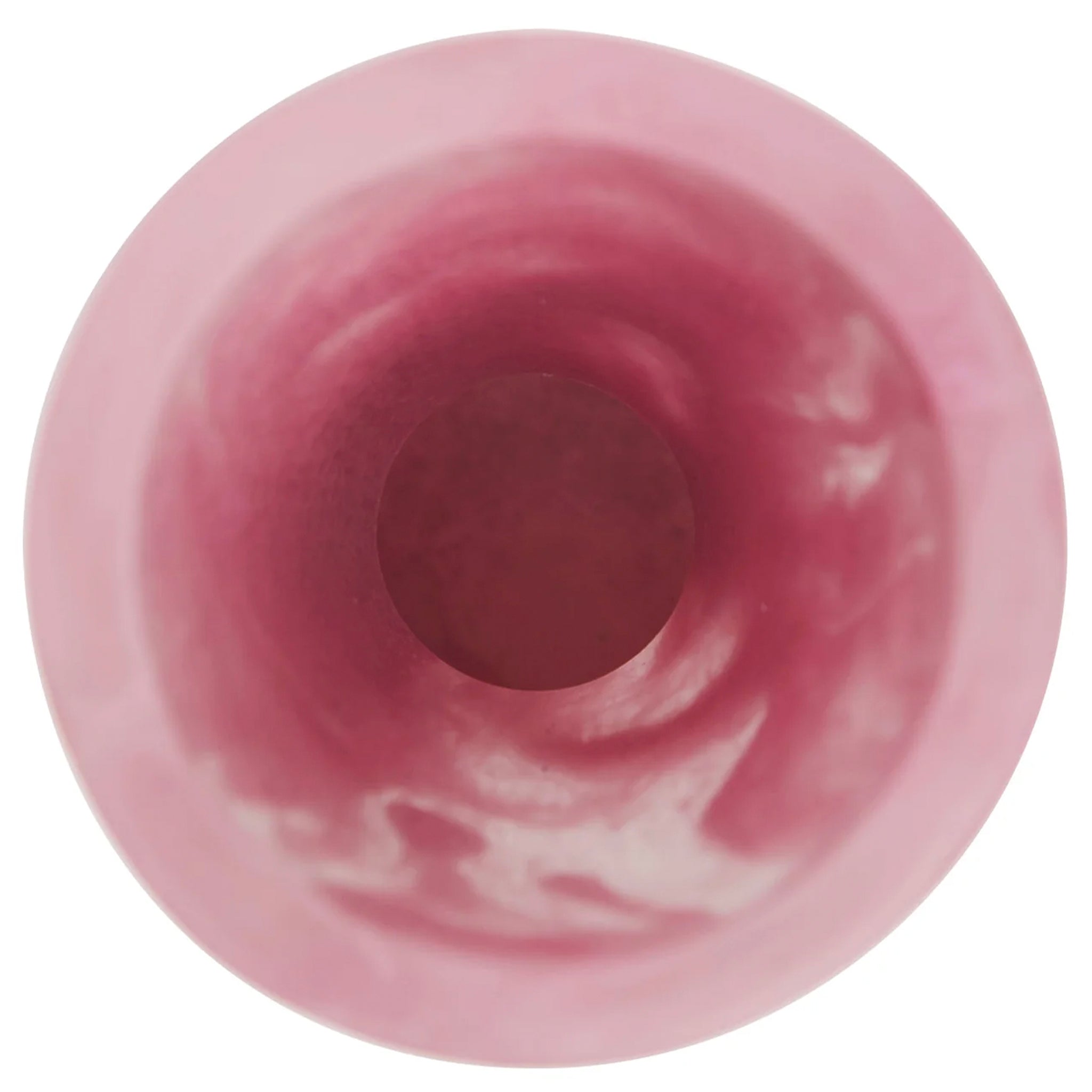 A conical resin vase with a fuchsia color and a swirl pattern design.