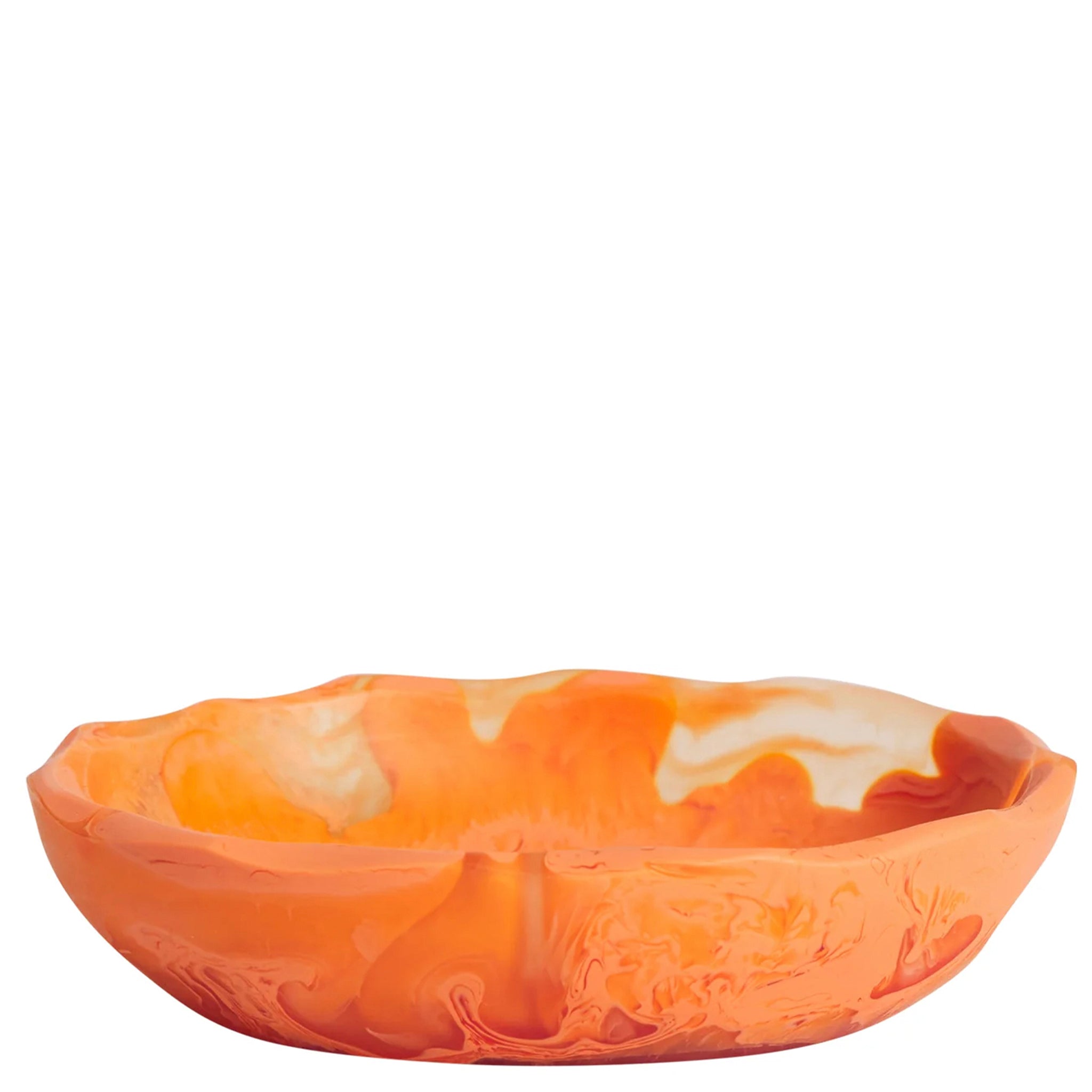 A small, shallow, orange resin bowl with a swirling pattern, on a plain background.