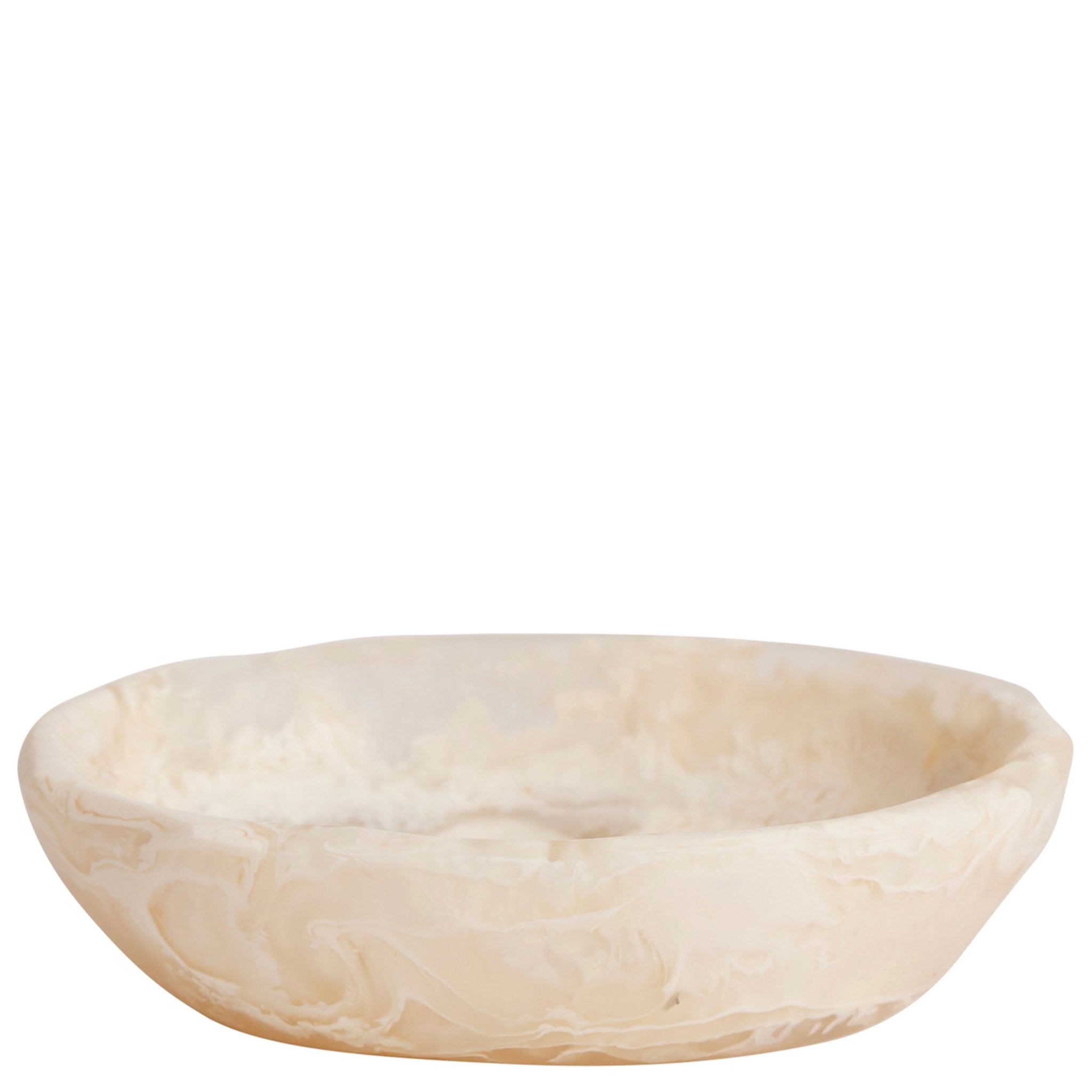 A small, beige-colored, resin mini bowl with a marbled pattern.