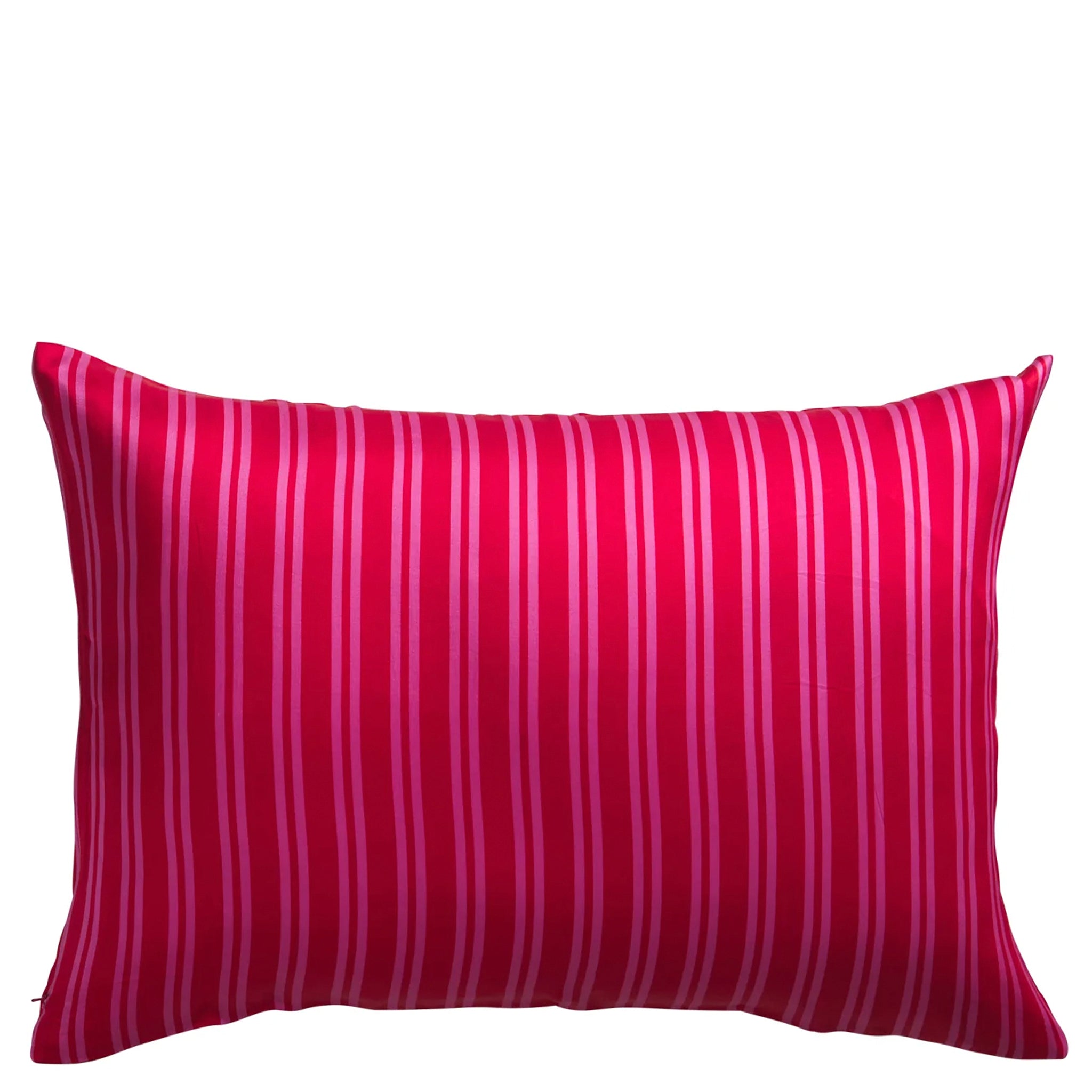 Red and pink striped pillow on a white background