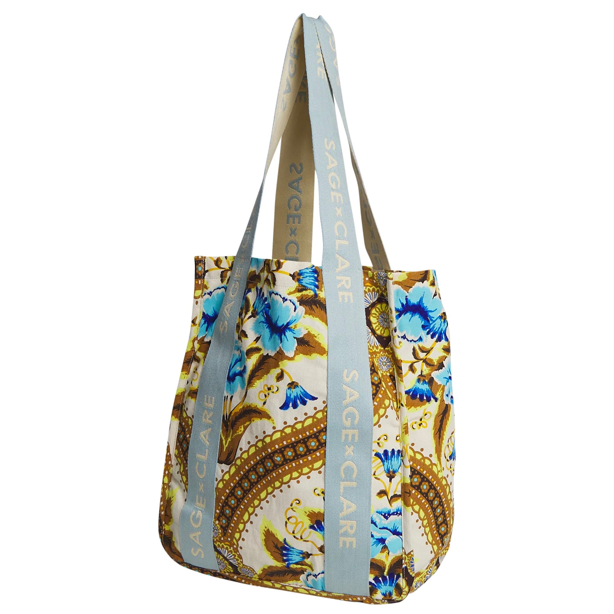 Floral patterned tote bag with 'Sage & Clare' branding on a white background
