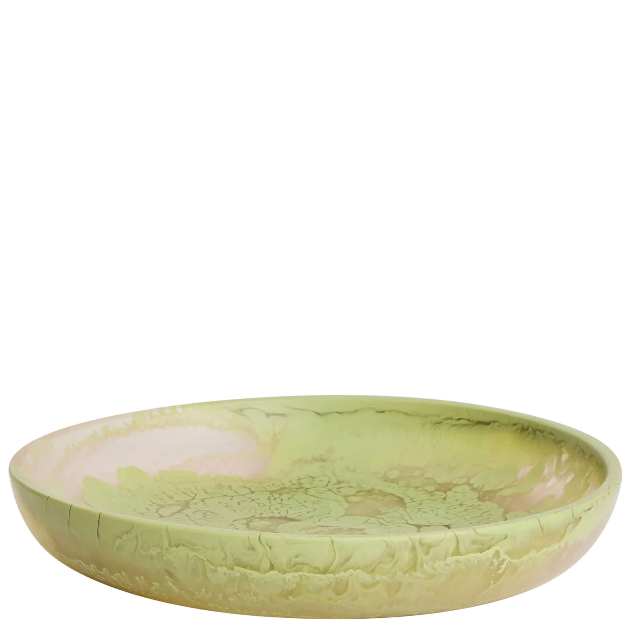 A generously sized, oval-shaped, pistachio green resin serving platter.
