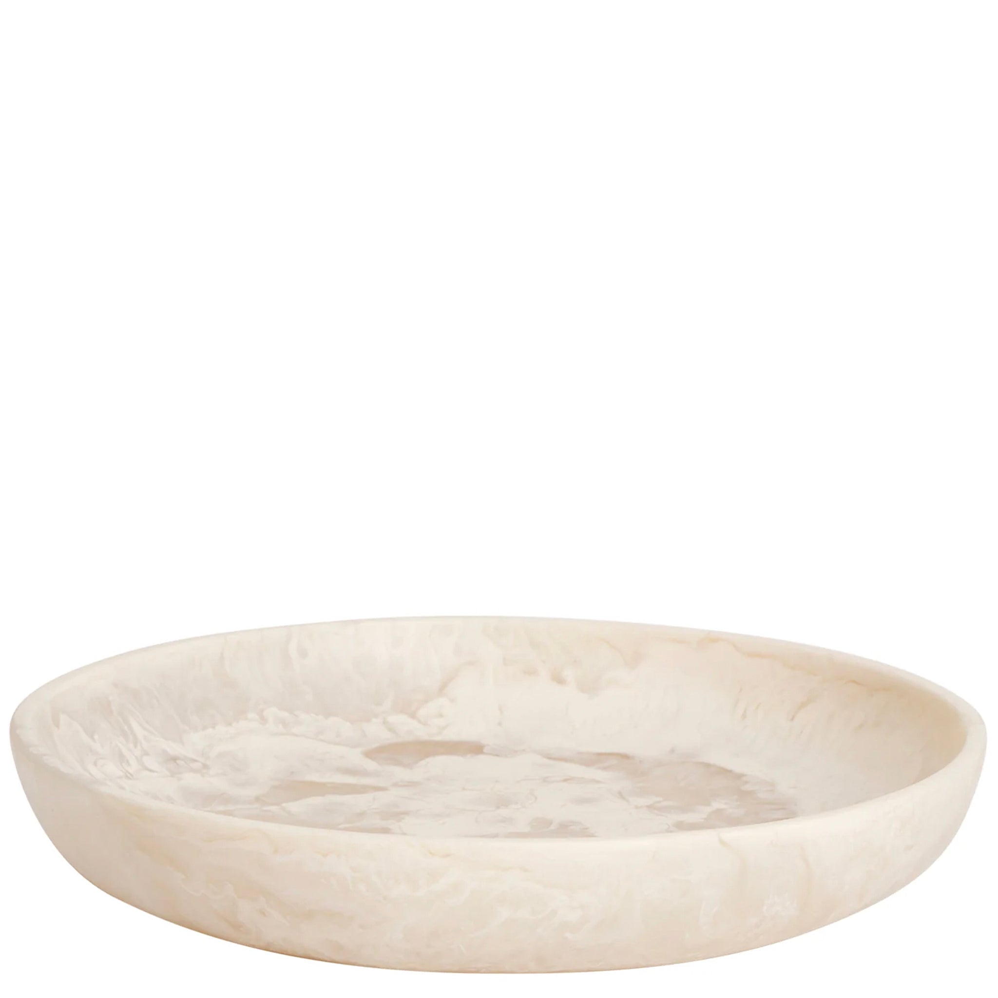 A beige, round, resin serving platter with a smooth surface.