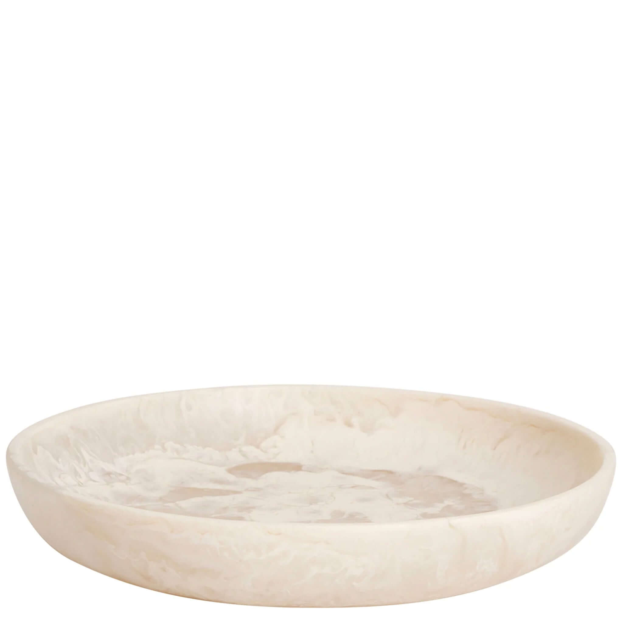A beige, round, resin serving platter with a smooth surface.