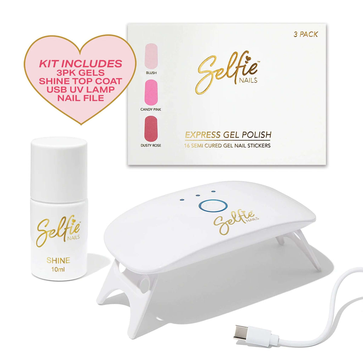 Selfie Nails Beauty Bag Nail Kit - Mocha: Includes three semi-cured gels and USB UV lamp for salon-quality nails at home.