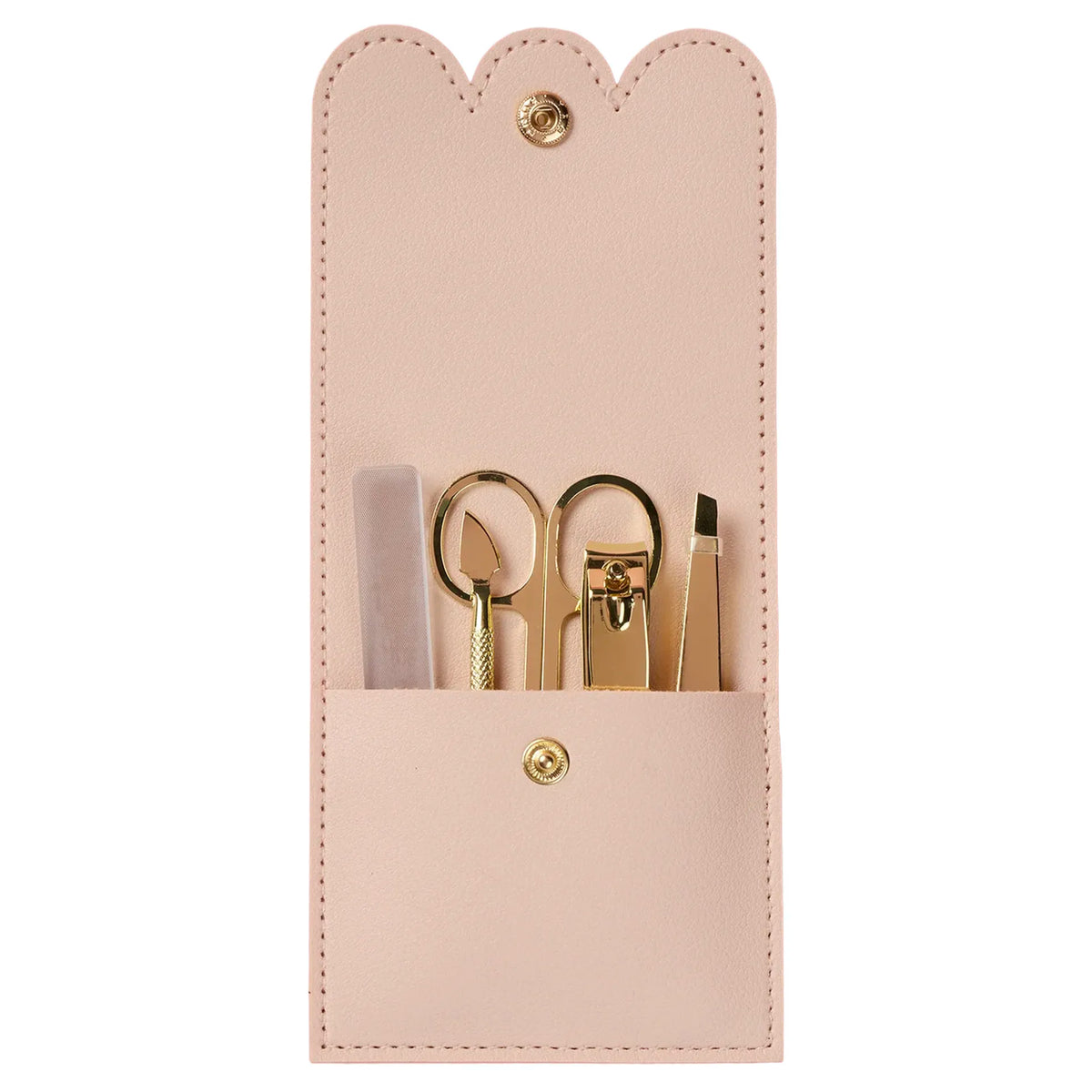 Selfie Nails Manicure Tool Kit - Nude, gold manicure tools in an open nude scalloped pouch