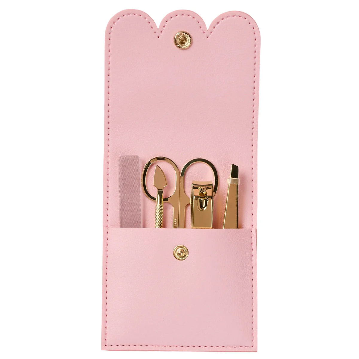 Selfie Nails Manicure Tool Kit - Pink, gold manicure tools in an open pink scalloped pouch