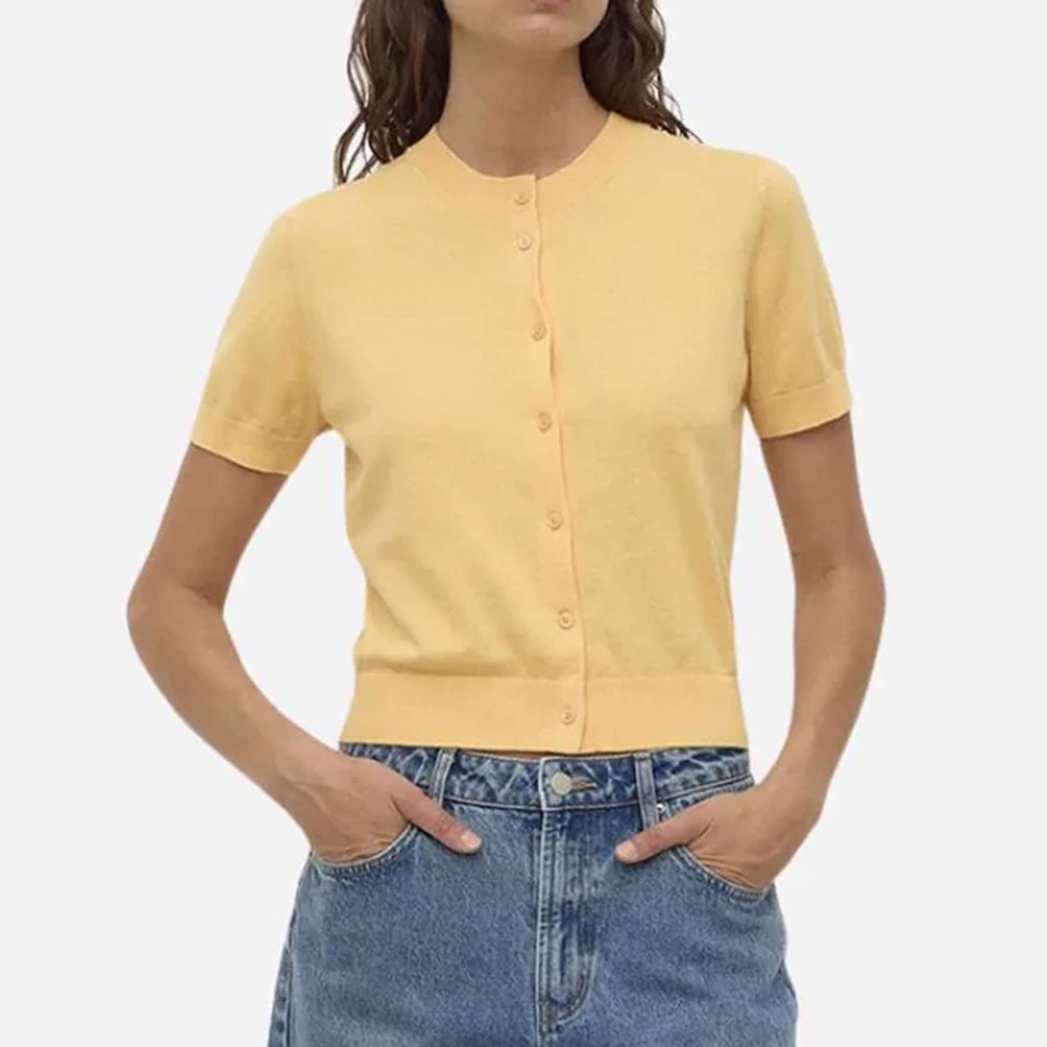 Alt Tag: Assembly Label Semra Cotton Cashmere Short Sleeve Cardigan - Sol yellow button-front knit cardigan on model