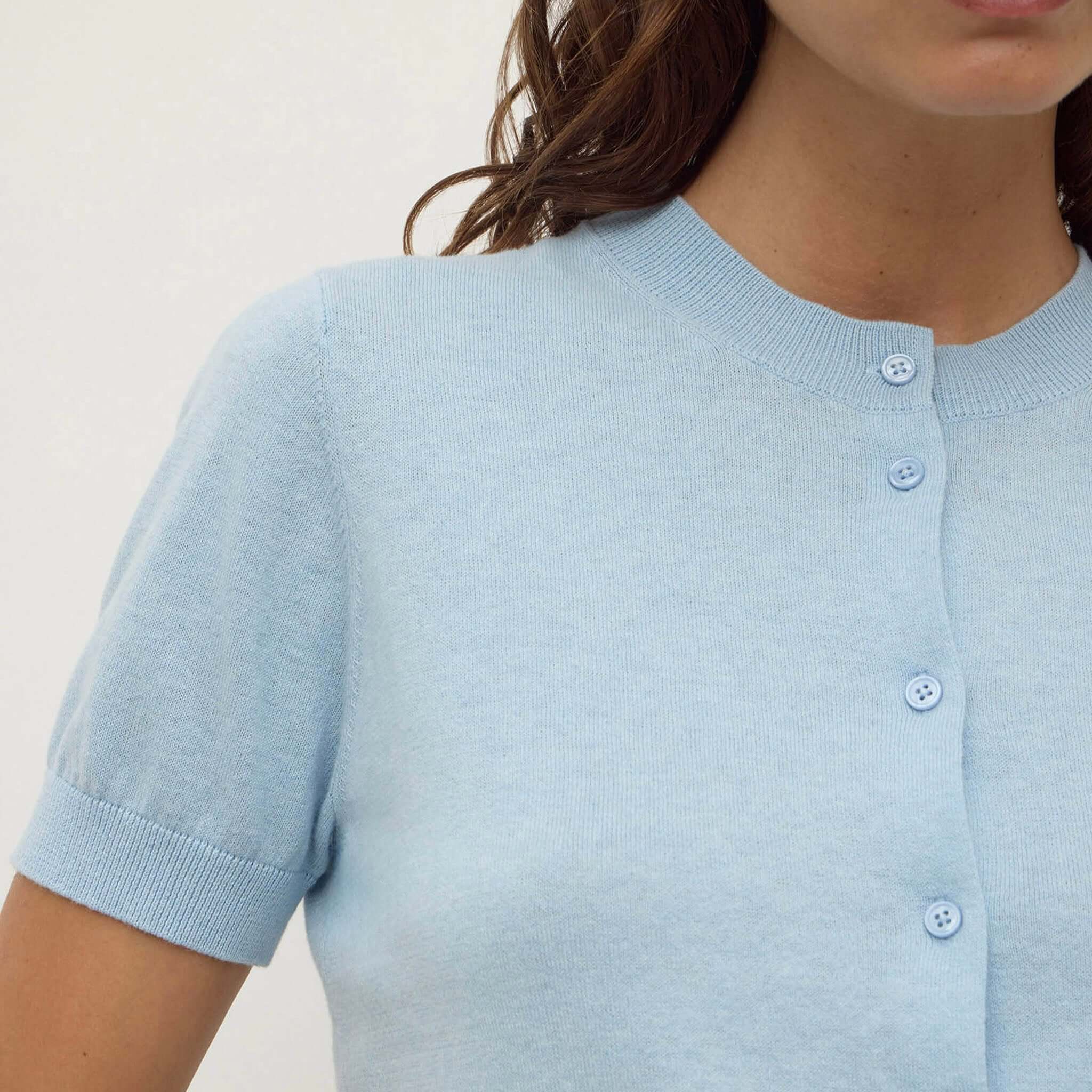 Alt Tag: Assembly Label Semra Cotton Cashmere Short Sleeve Cardigan - Salt button-front knit short sleeve cardigan close-up