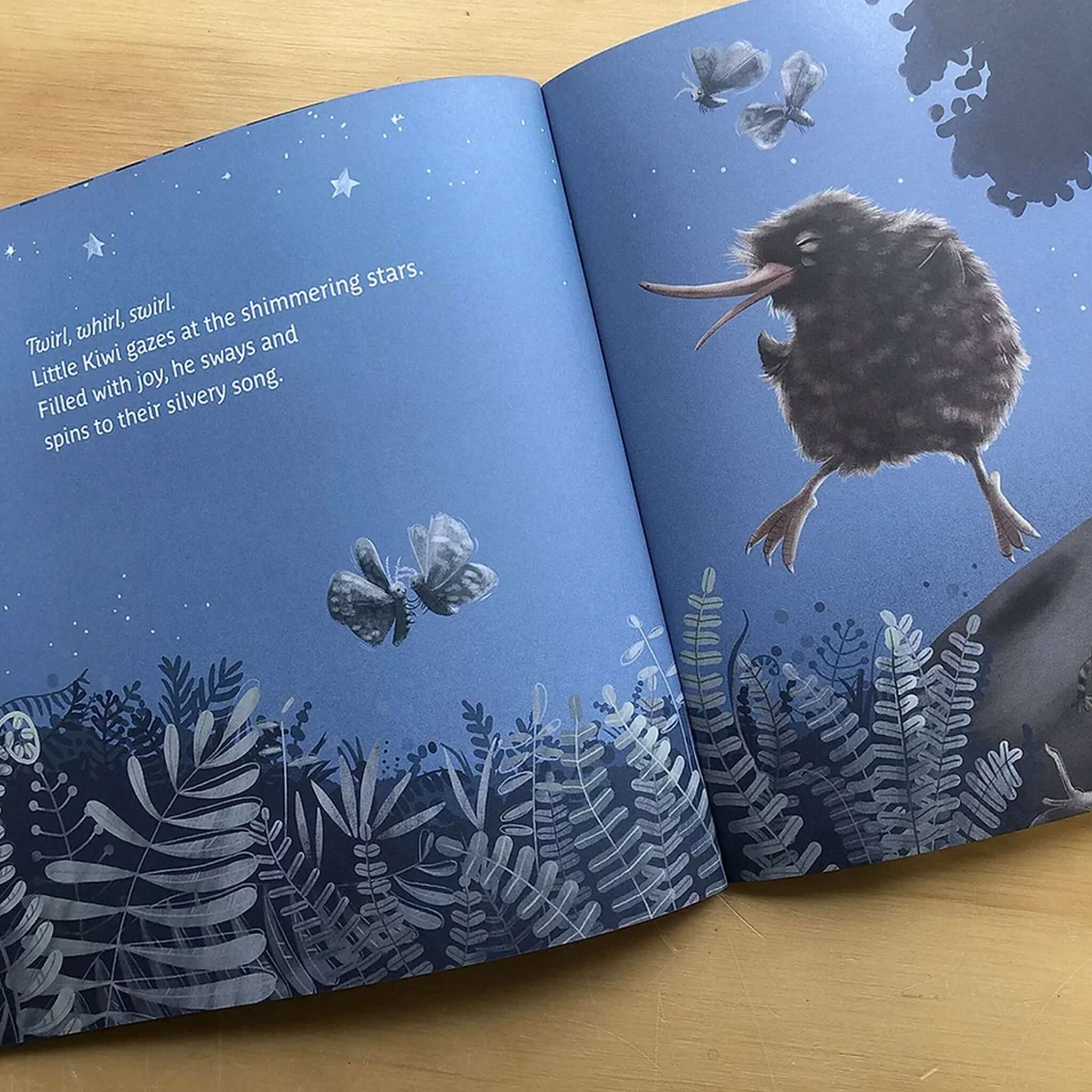 Alt Tag: Sleep Little Kiwi Sleep bedtime story book spread with Little Kiwi and moths in a night forest, soft cover 32 pages