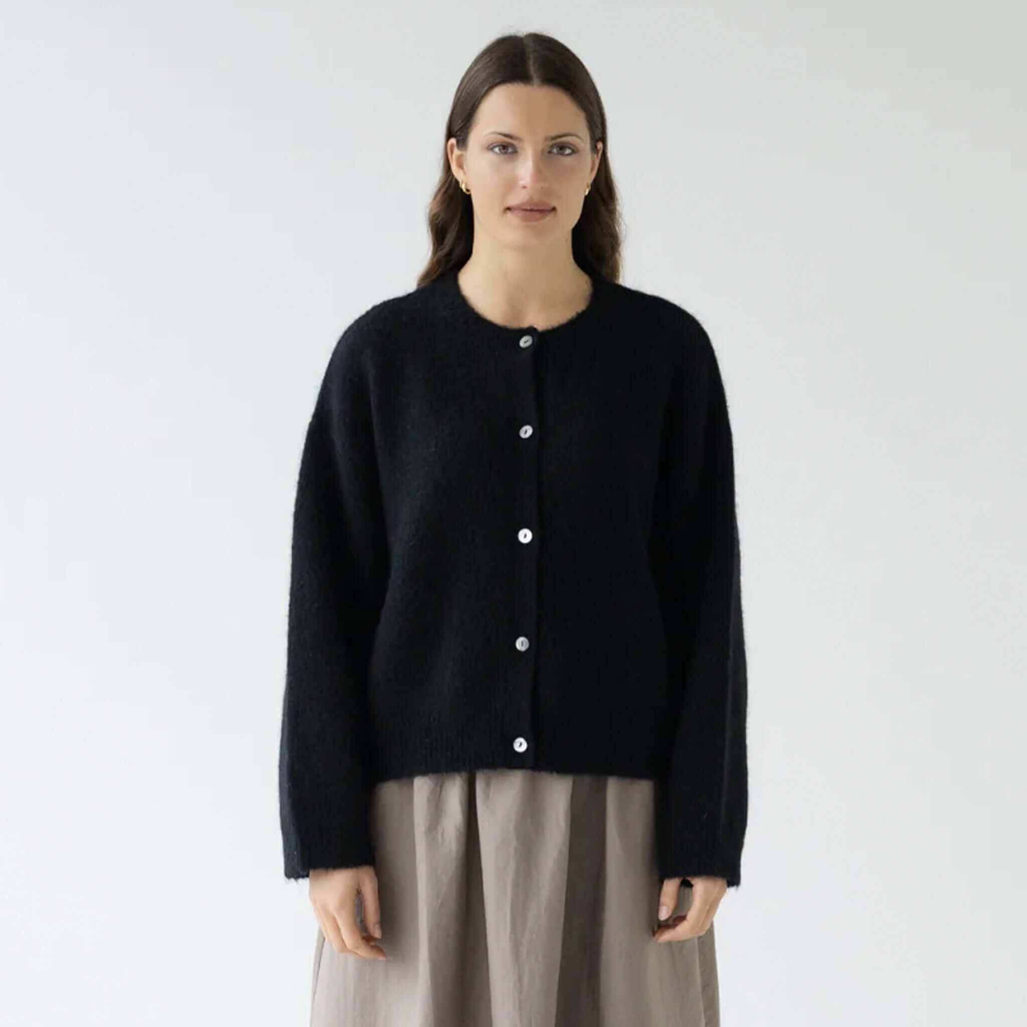 Sophie Alpaca & Merino Blend Cardigan - Black front view on model, soft cosy cropped boxy knit with button front