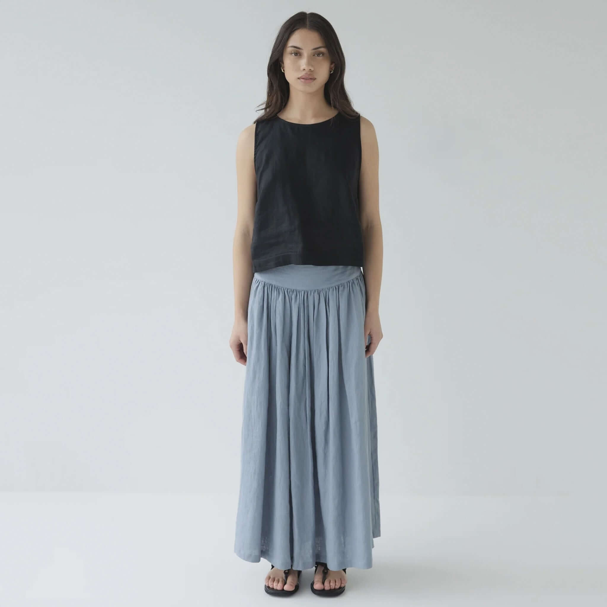 Sophie I'm Ready Linen Skirt - Mist gathered linen maxi skirt with wide waistband, side pockets and invisible side zip, worn front view