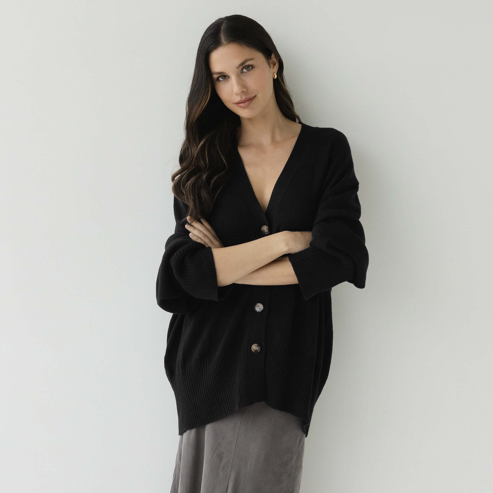 Alt Tag: Sophie Love Me Cotton & Cashmere Cardigan - Ash on model, relaxed oversized fit with dropped shoulders, soft cosy layering knit