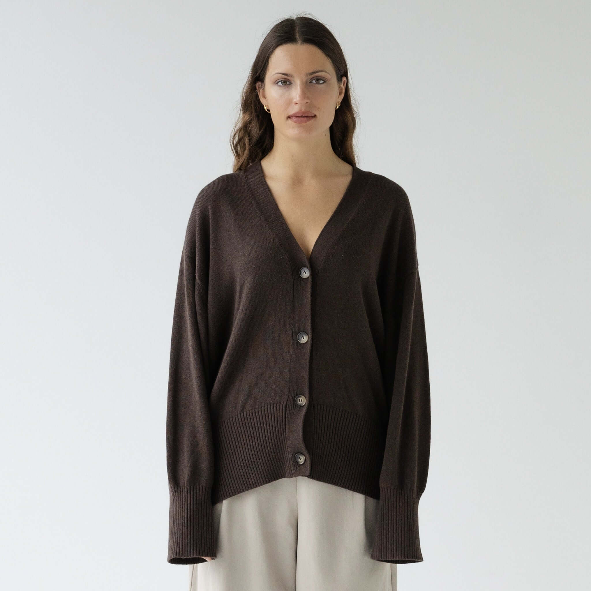 Alt Tag: Sophie Love Me Cotton & Cashmere Cardigan - Cocoa on model, oversized relaxed fit V-neck button-front cardigan in soft cotton-cashmere blend