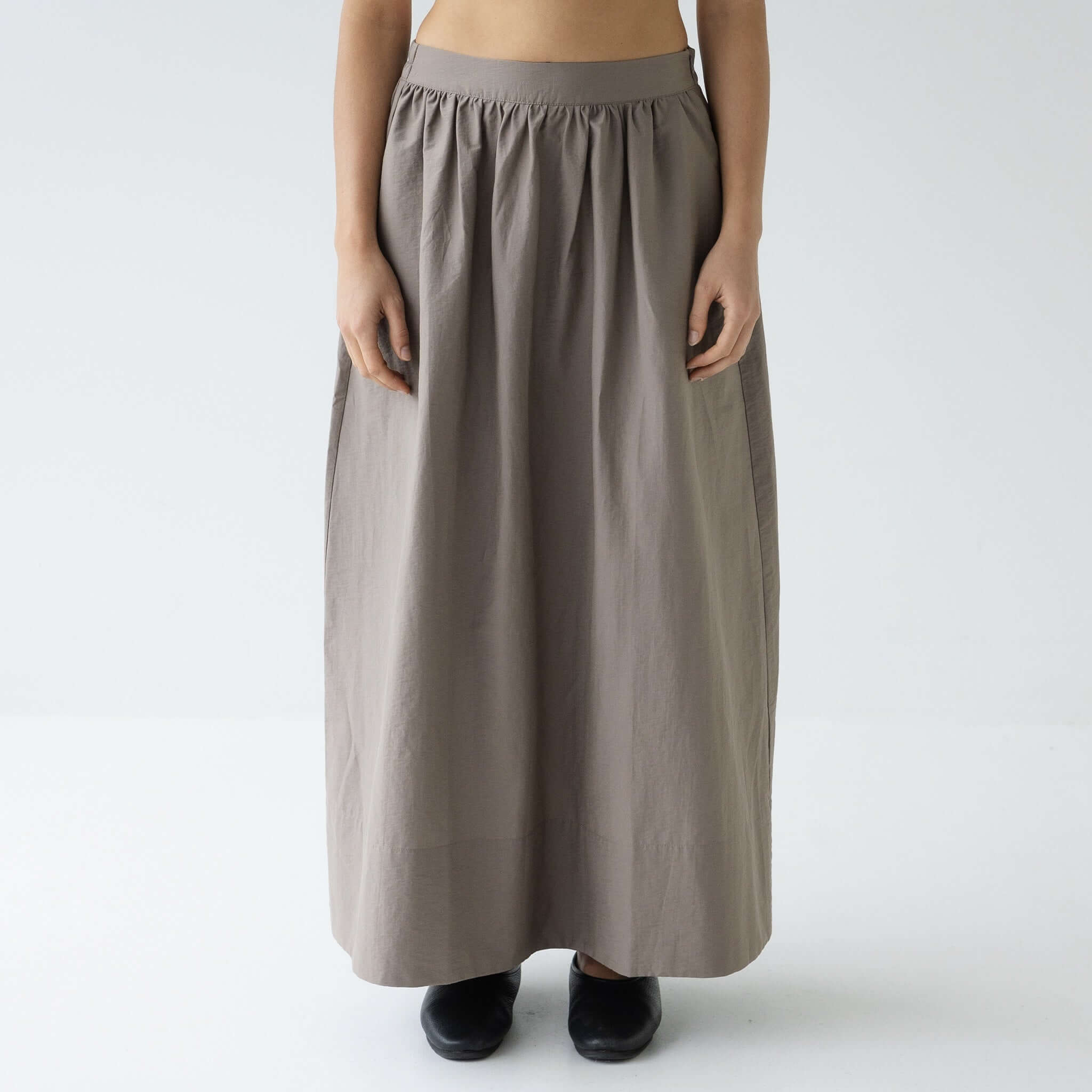 Alt Tag: Sophie Maxi Skirt - Fog relaxed maxi skirt in soft cotton-nylon blend with deep side pockets, breathable everyday style