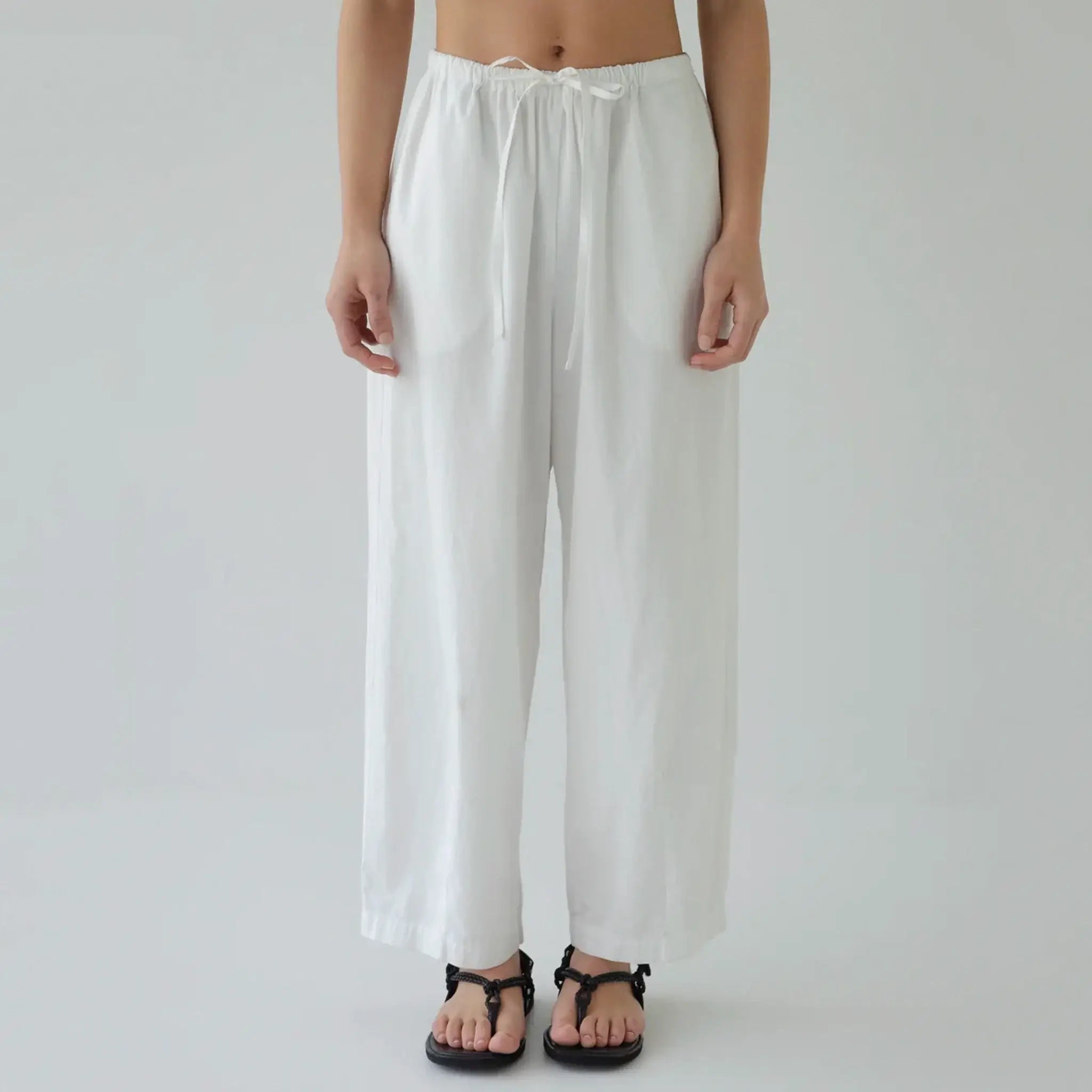 Sophie Effortless Pants - Chalk lightweight cotton pants with elasticated waist and subtle barrel leg, front view