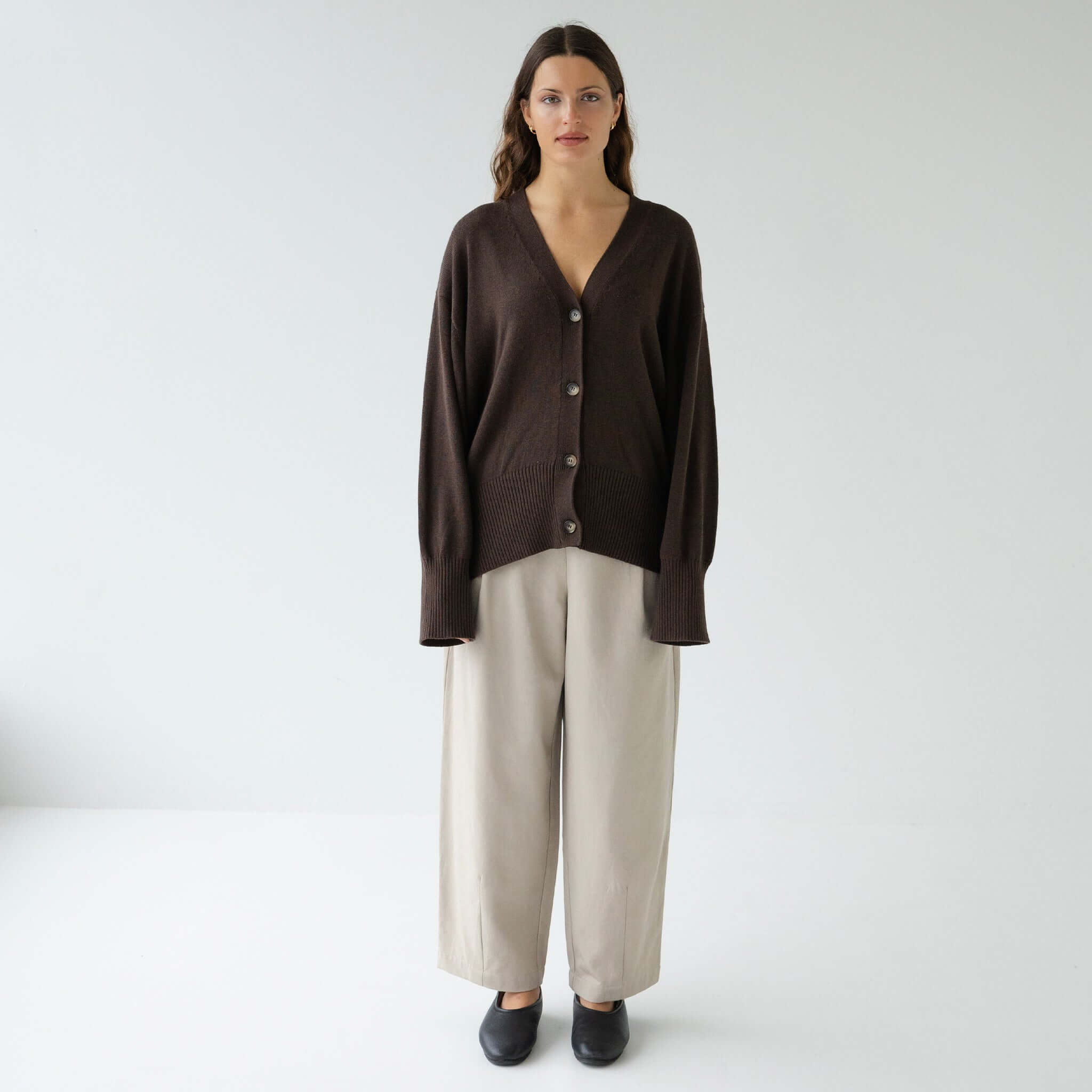 Sophie Love Me Cotton & Cashmere Cardigan - Cocoa oversized V-neck button-front cardigan on model, soft cotton-cashmere knit