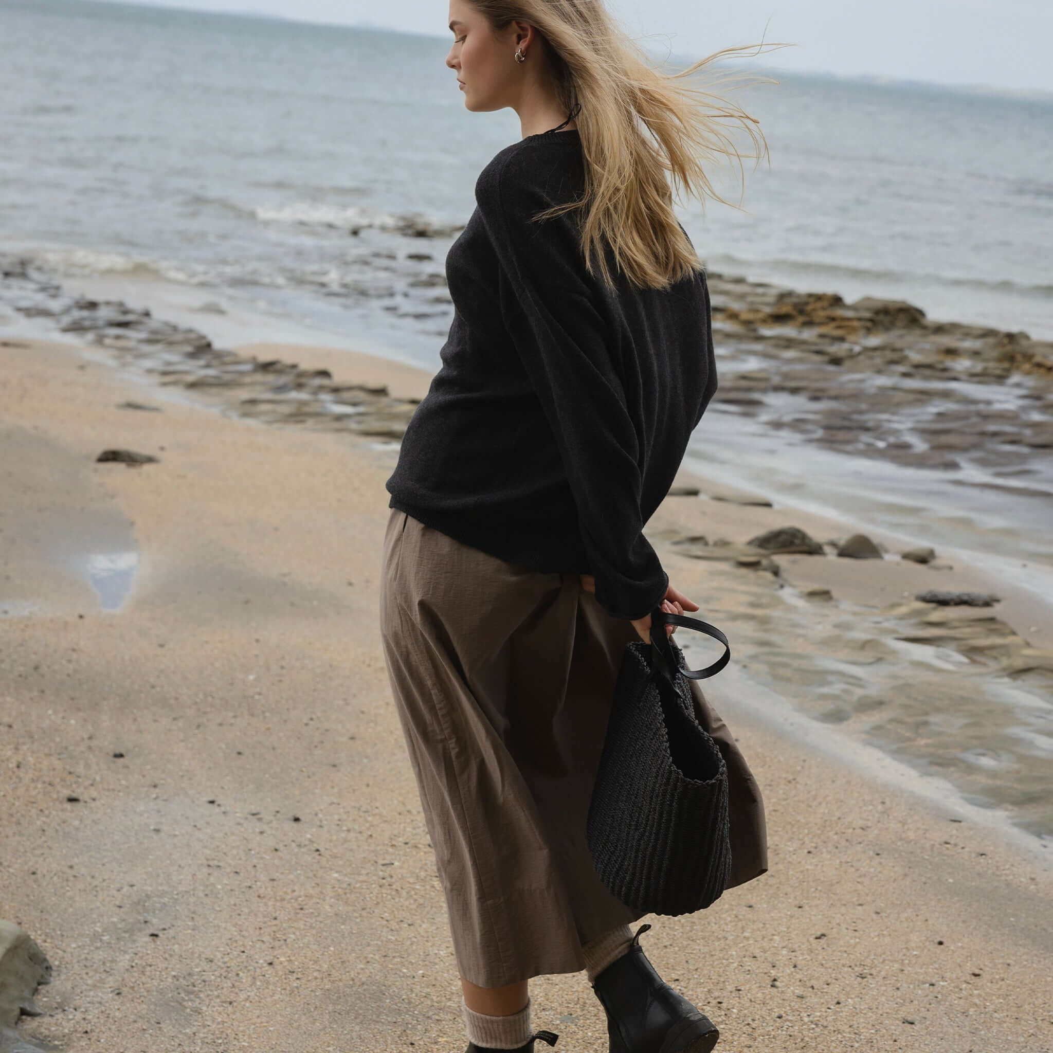 Sophie Maxi Skirt - Fog cotton-nylon relaxed fit maxi skirt with side pockets, effortless everyday style