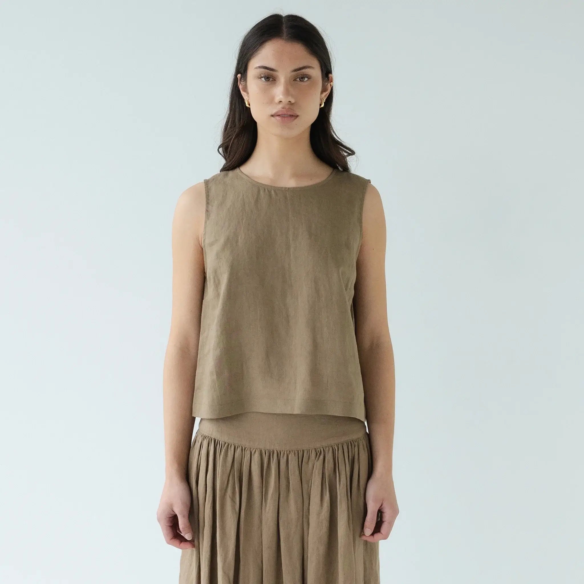 Sophie Shell Buttons Linen Top - Hay sleeveless pure linen top in hay shade, lightweight breathable warm-weather layering essential