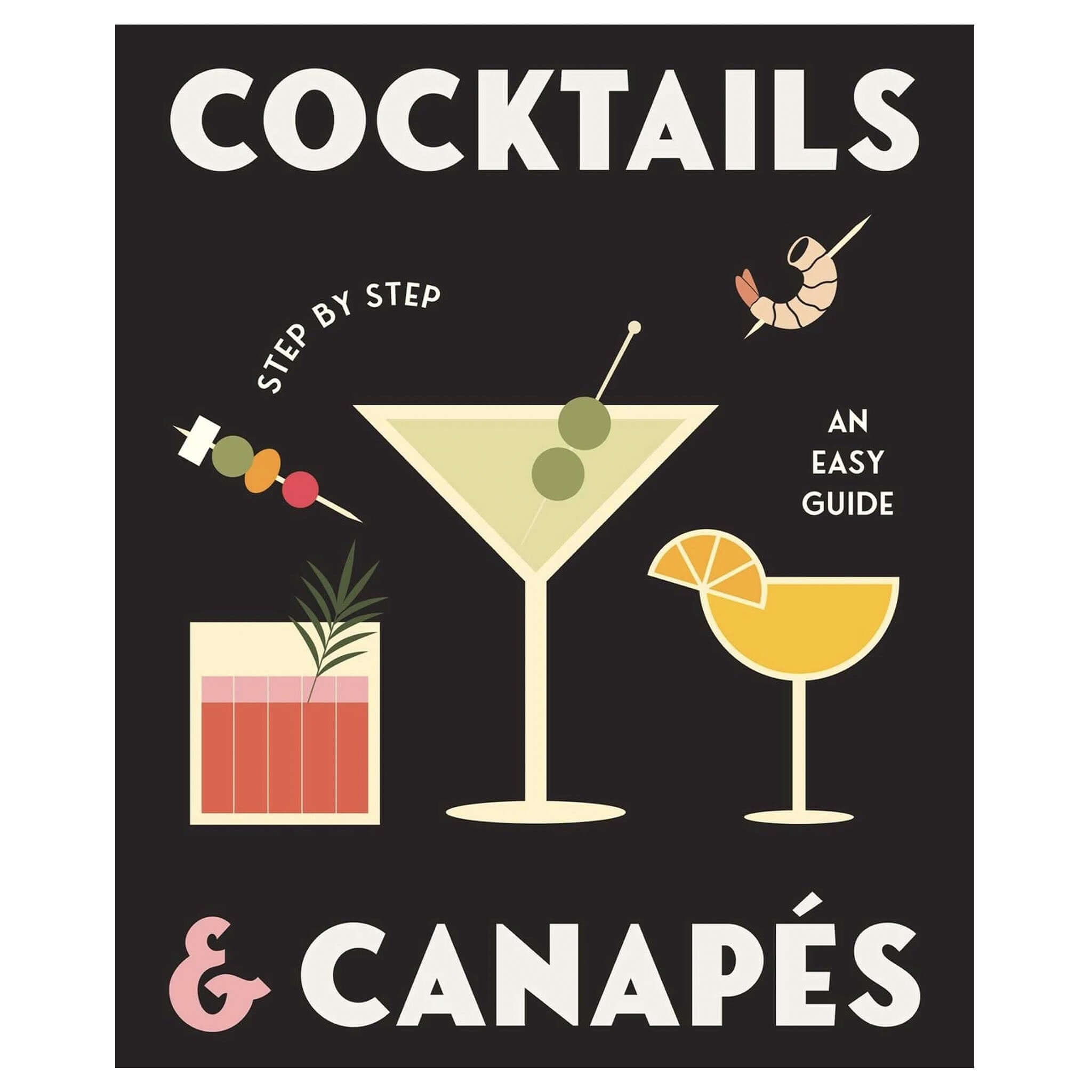 Alt Tag: Cocktails & Canapés Step by Step - an Easy Guide cocktail and canapé recipe book cover with illustrated drinks and canapés