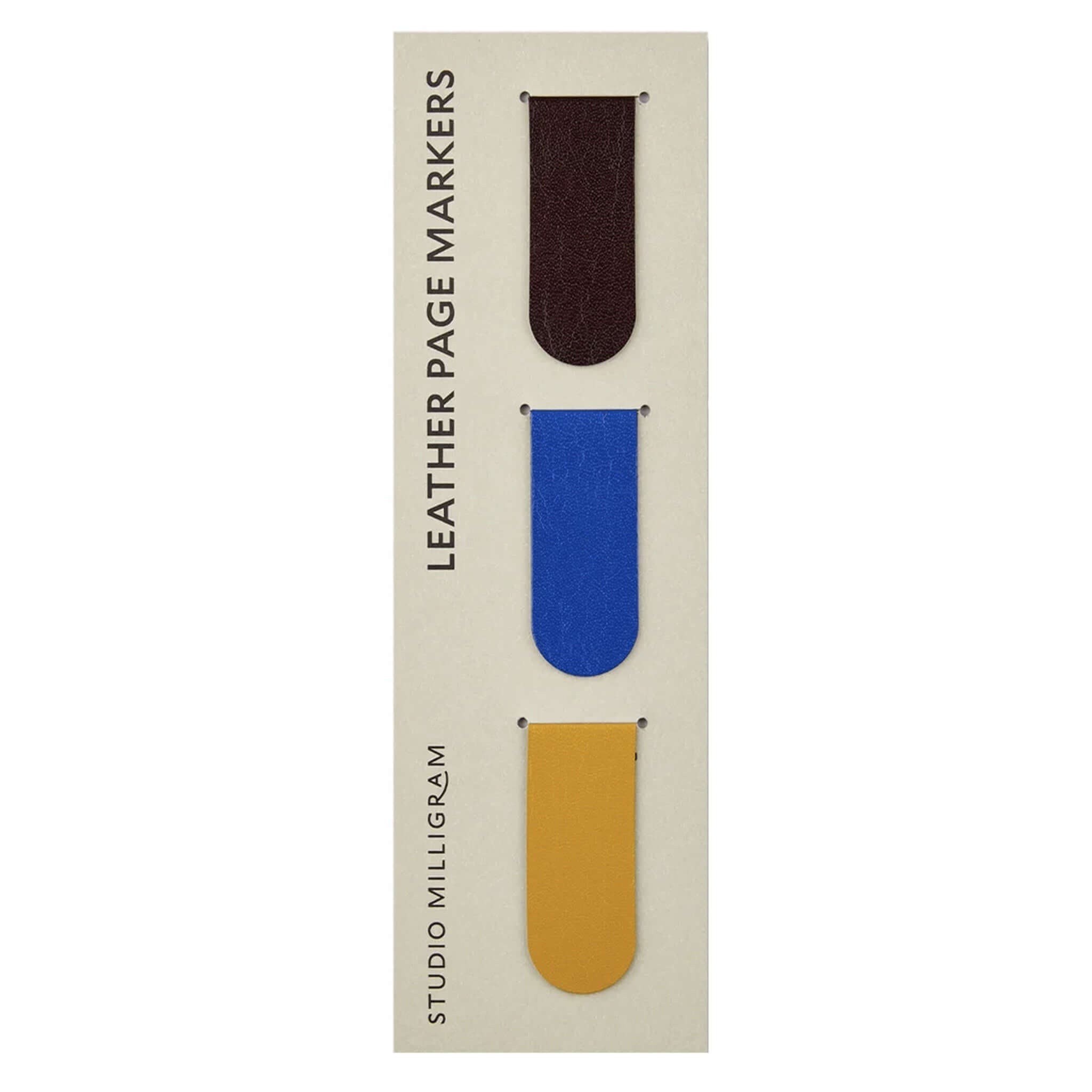 Milligram Recycled Leather Magnetic Page Markers - Multicolour in burgundy, cobalt, and mustard colors.