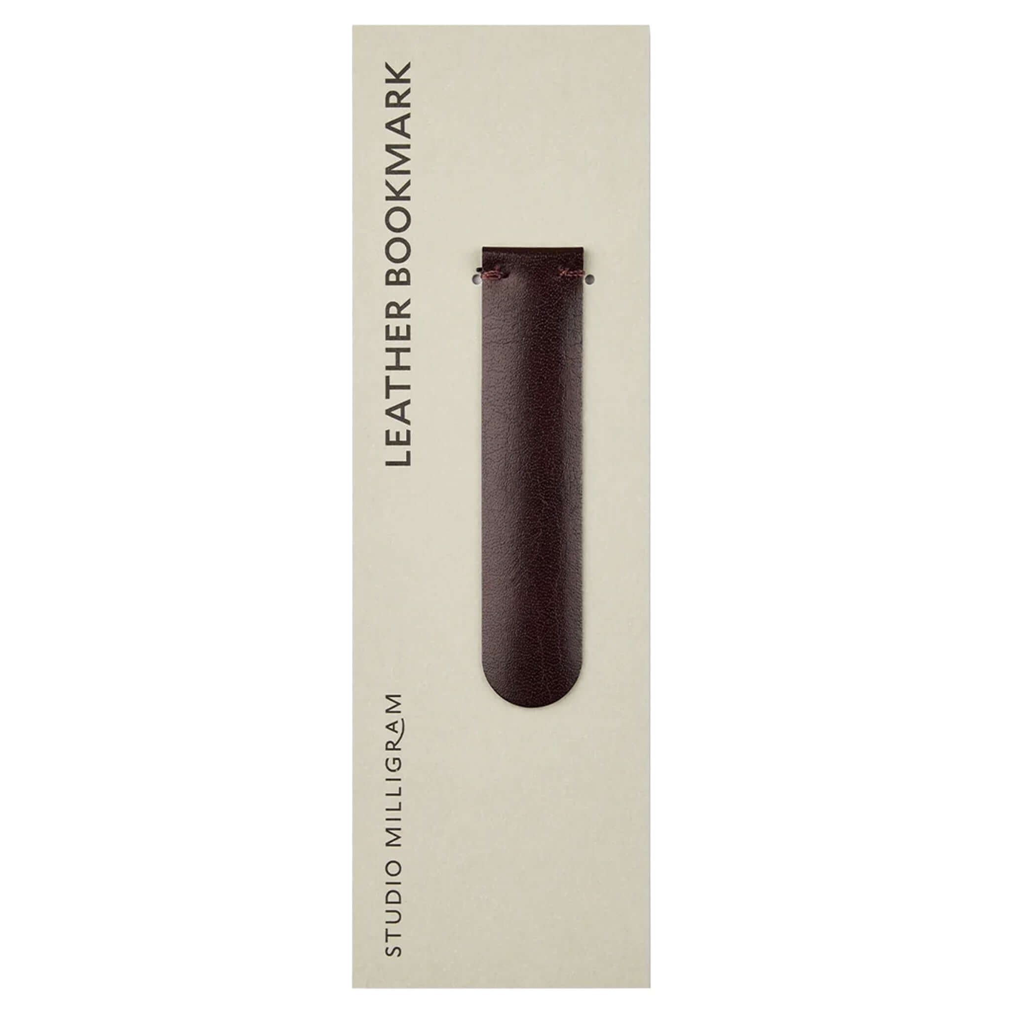 Studio Milligram Recycled Leather Bookmark - Burgundy displayed on packaging with minimalist design.