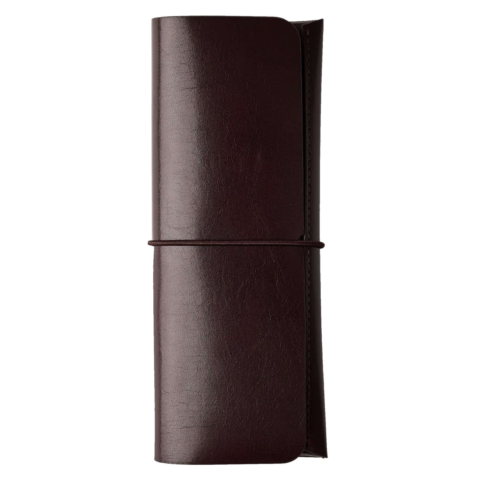 Milligram Recycled Leather Pen Case - Burgundy in polished burgundy leather, featuring an elastic band closure.