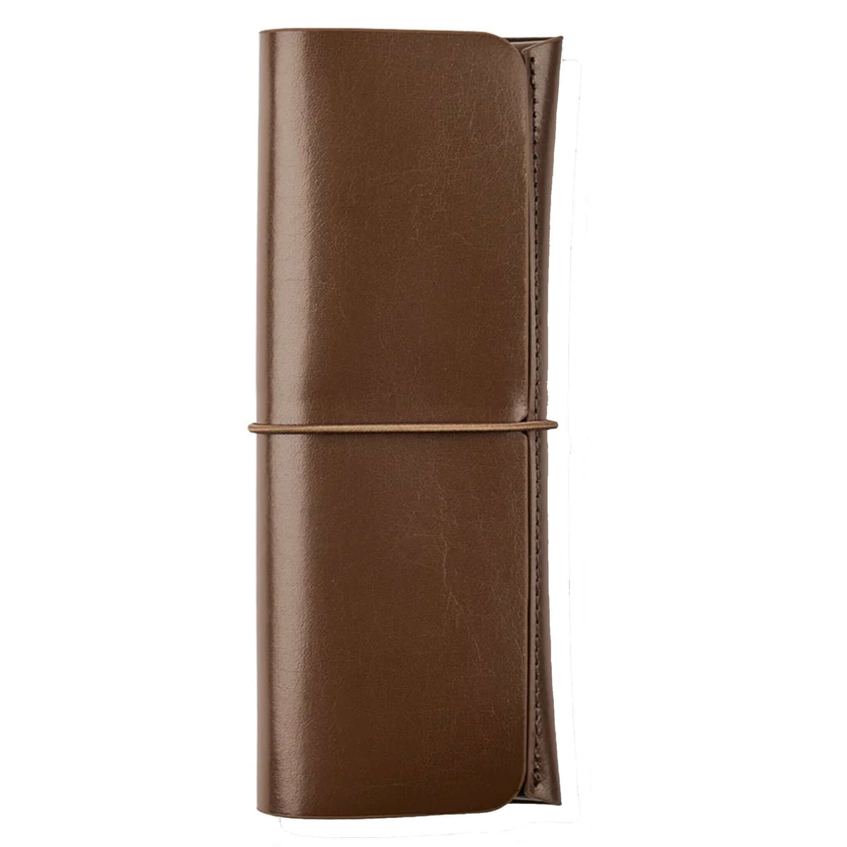 Milligram Recycled Leather Pen Case - Chocolate in sleek brown recycled leather with elastic band closure.
