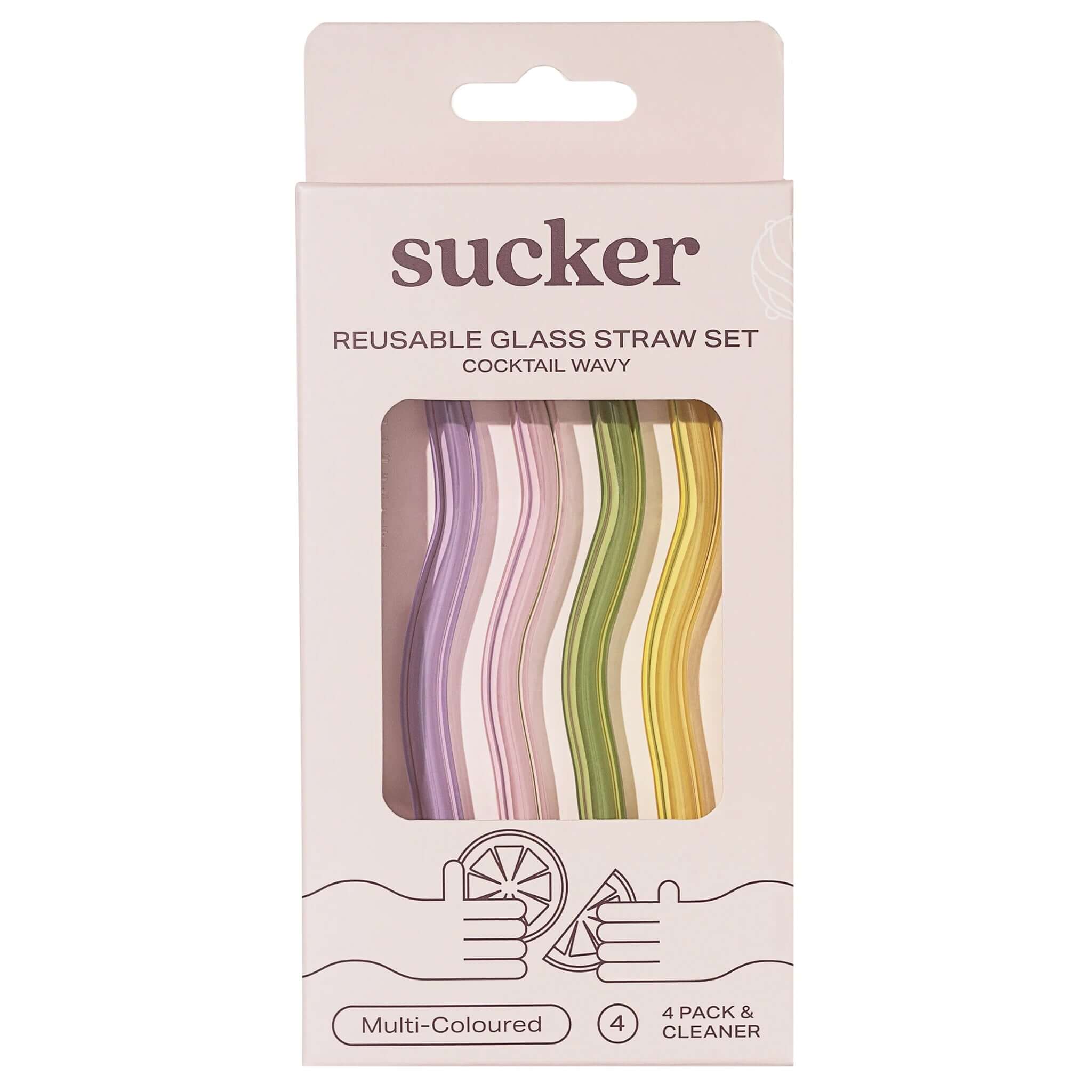 Sucker Glass Cocktail Wavy Drinking Straw Set - Multi Colour packaging showcasing reusable and stylish straws.