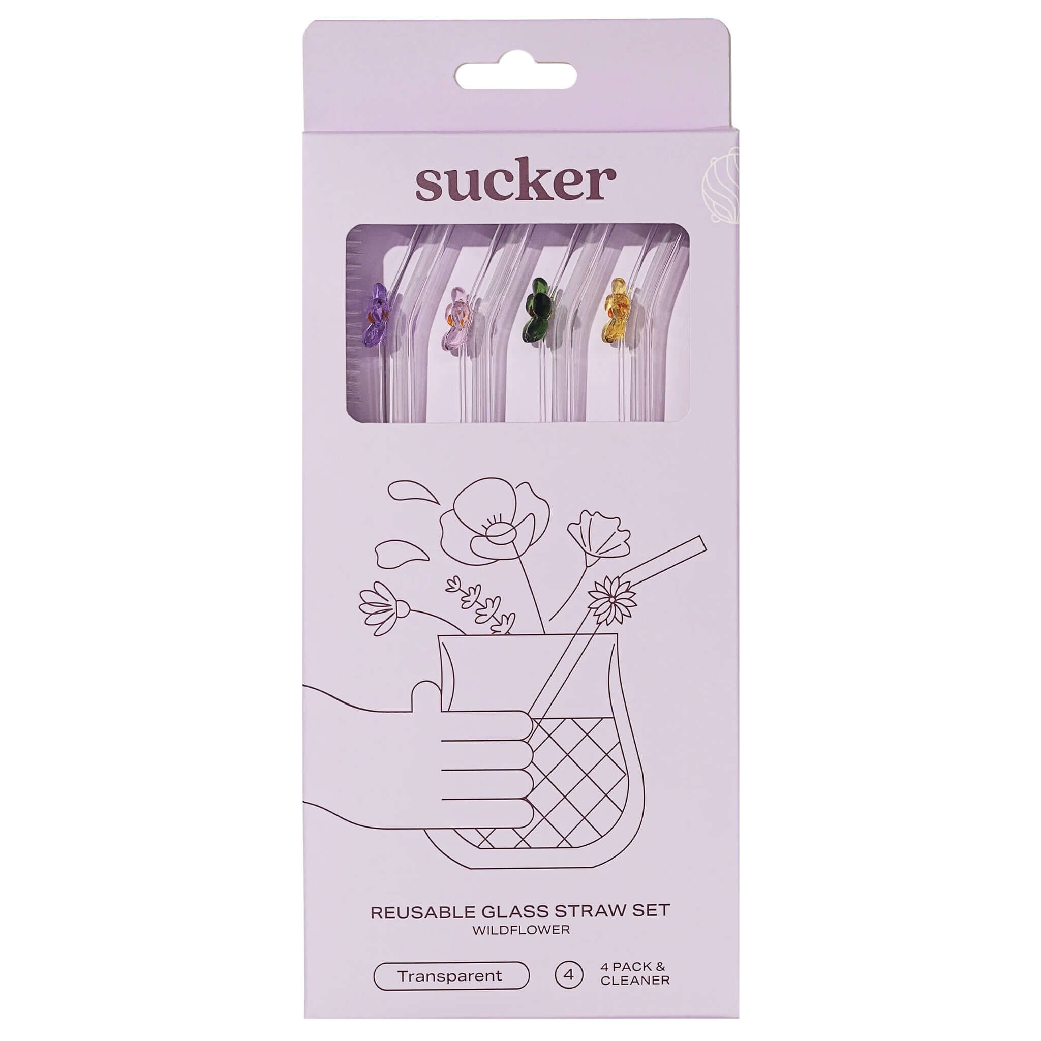 Sucker Glass Wildflower Drinking Straw Set packaging with four clear glass straws and colorful flower charms.