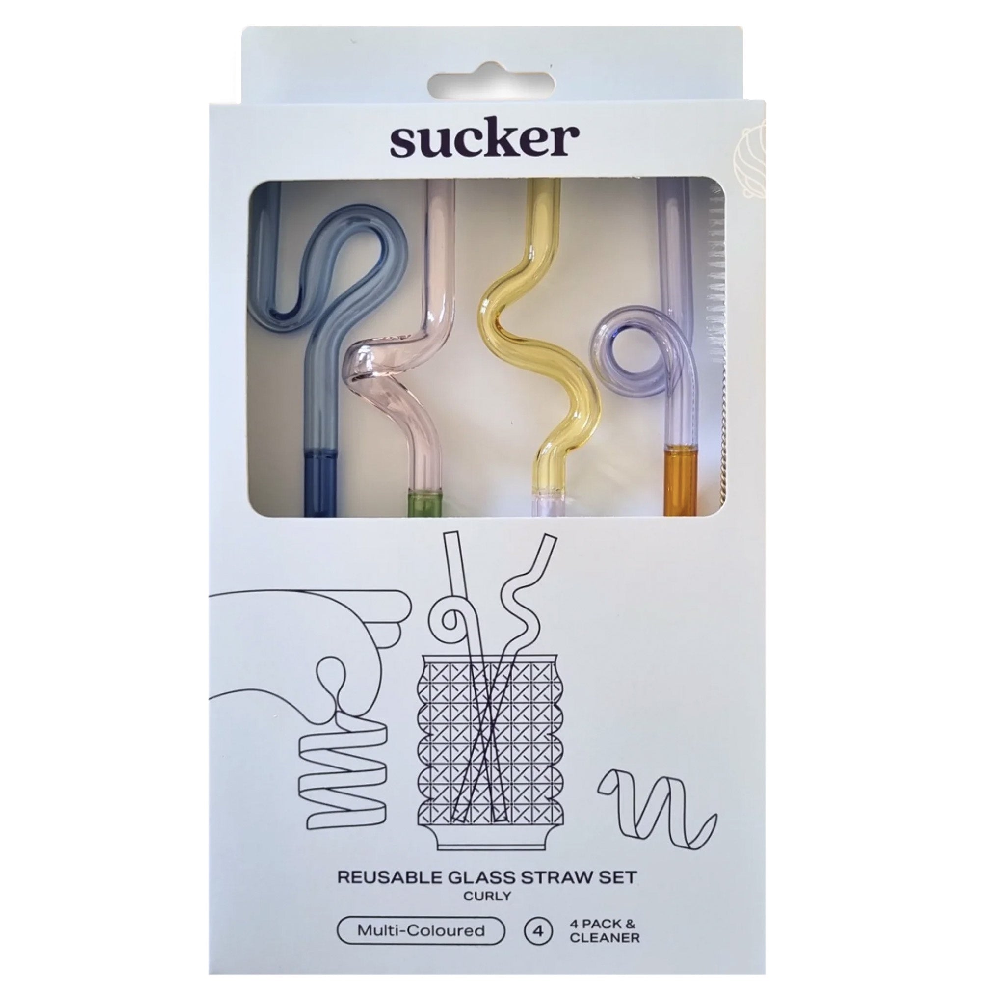 Packaging of a reusable glass straw set with curly designs, featuring the brand 'sucker'.