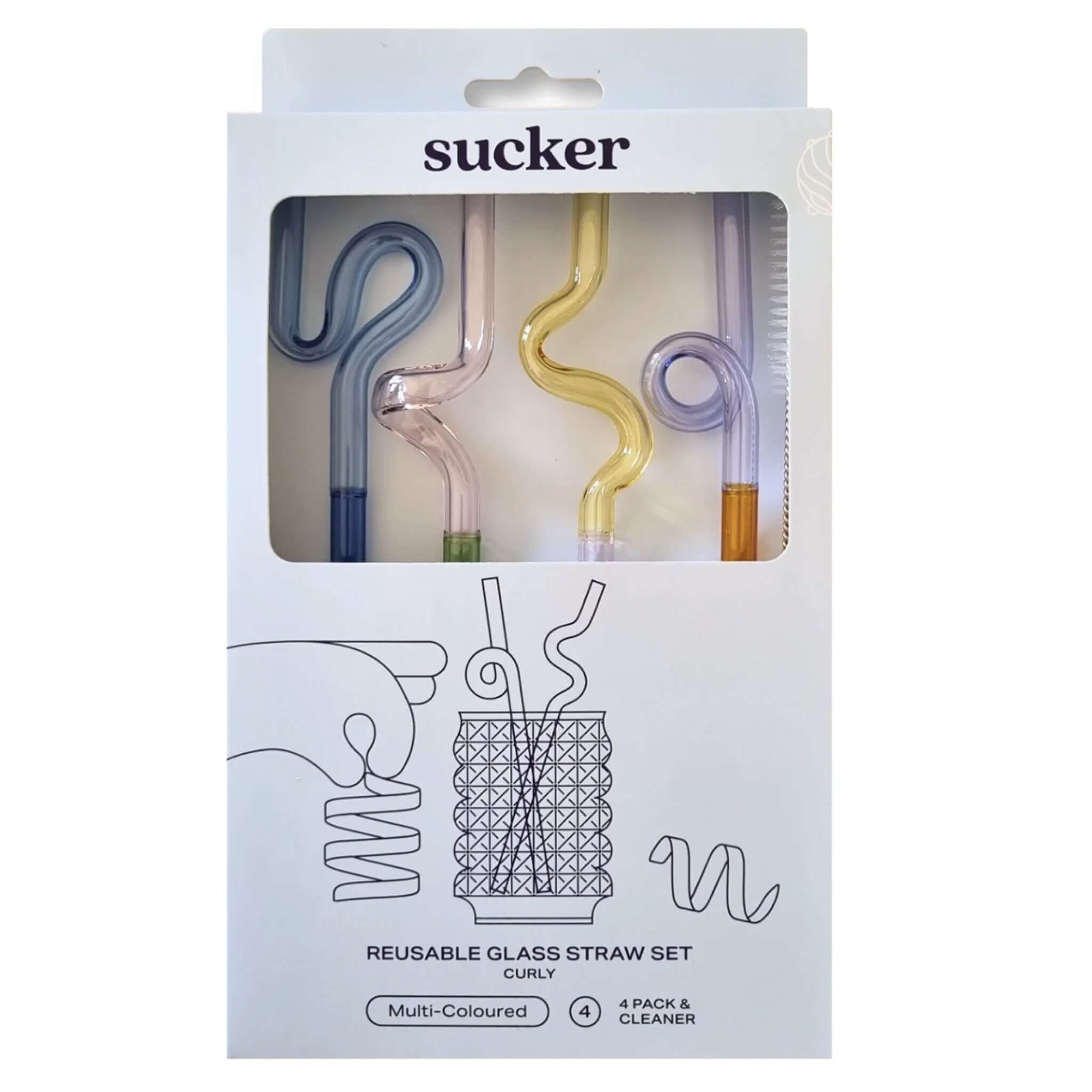 Alt Tag: Sucker Glass Curly Drinking Straw Set - Multi Colour reusable twisted borosilicate glass straws multi-coloured set with cleaner