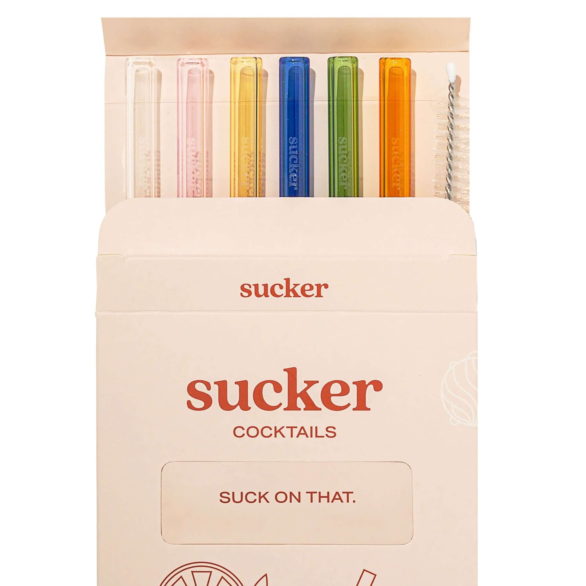 Alt Tag: Sucker Glass Cocktail Drinking Straw Set - Multi Colour in packaging with reusable multicolour glass cocktail straws and cleaning brush