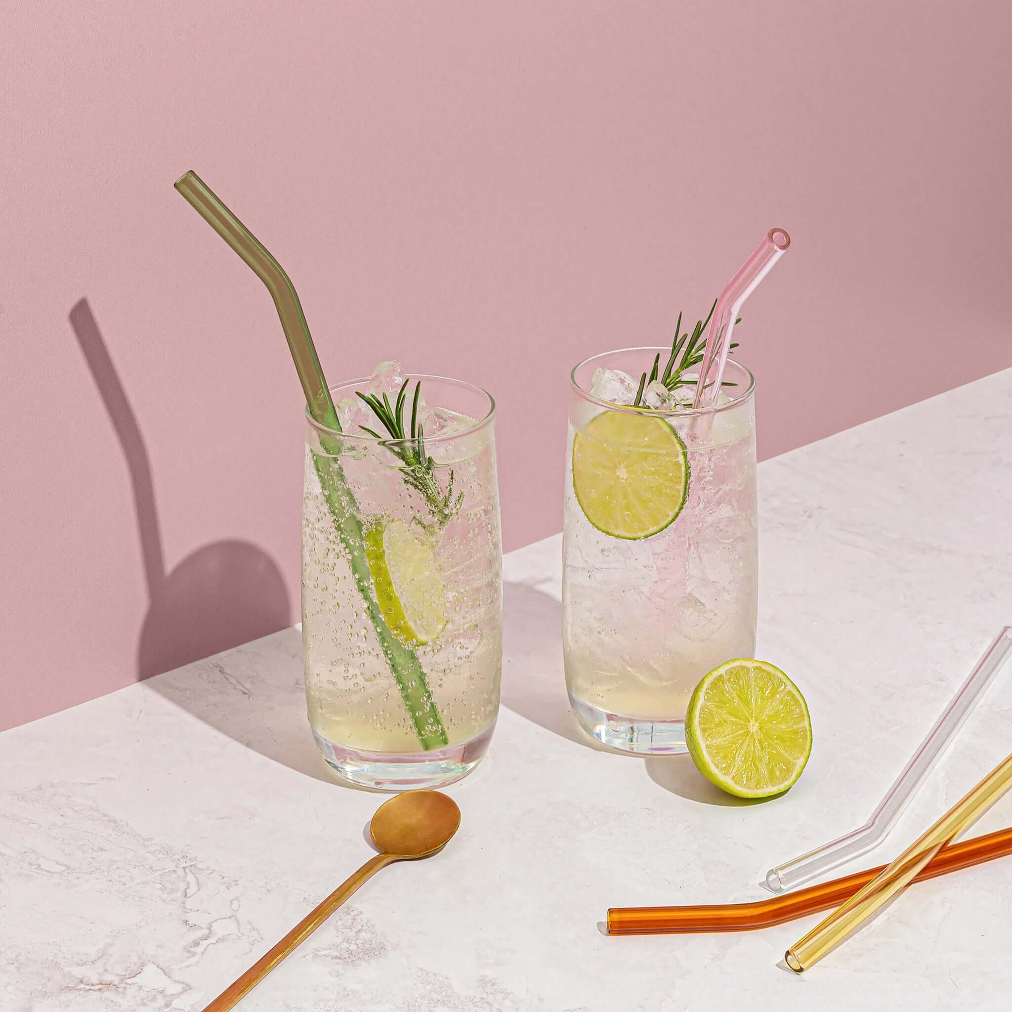 Alt Tag: Sucker Glass Drinking Straw Set - Multi Colour reusable glass straws in cocktails, dishwasher-safe eco-friendly multicolour