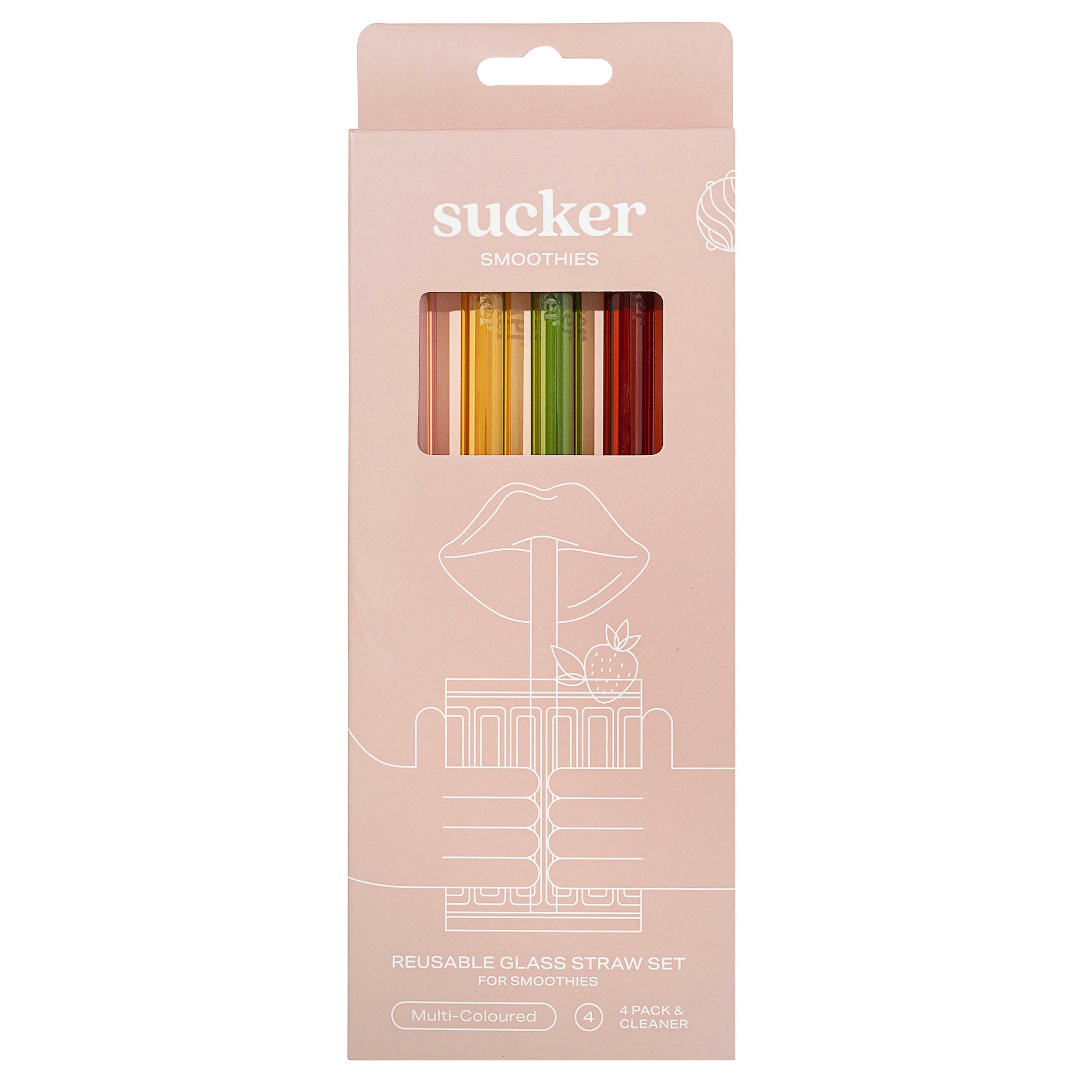 Packaging of reusable glass straws with 'sucker' branding on a white background