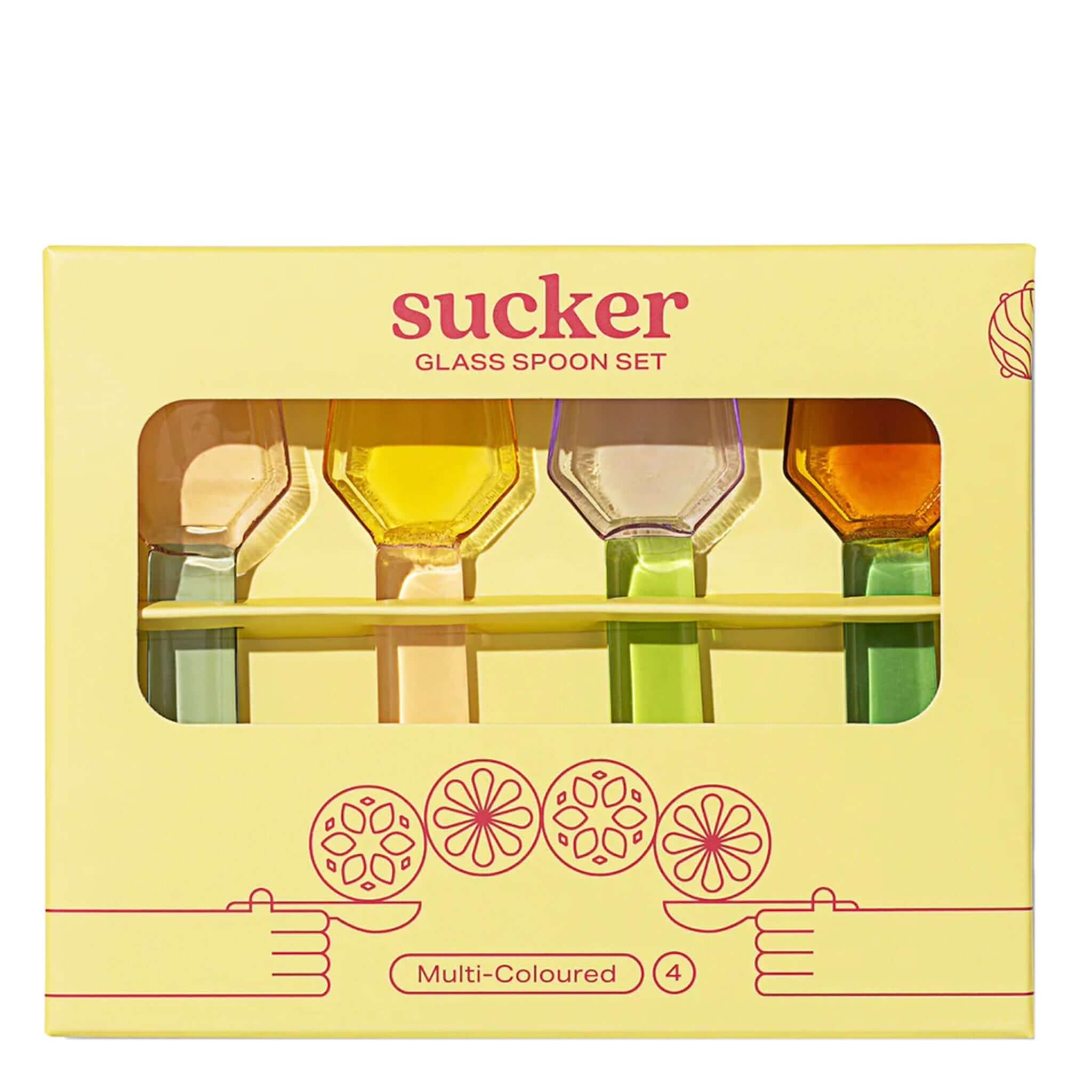 Alt Tag: Sucker Glass Spoon Set - Multi Colour packaged multi-coloured high-borosilicate glass spoons for stirring cocktails, gelato and desserts