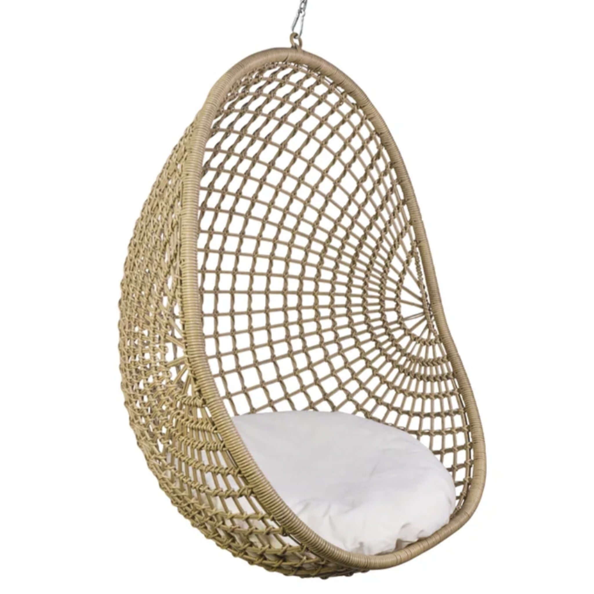 Synthetic Rattan Outdoor Pod Chair - Check Light Natural hanging rattan pod chair with white cushion, outdoor deck egg chair