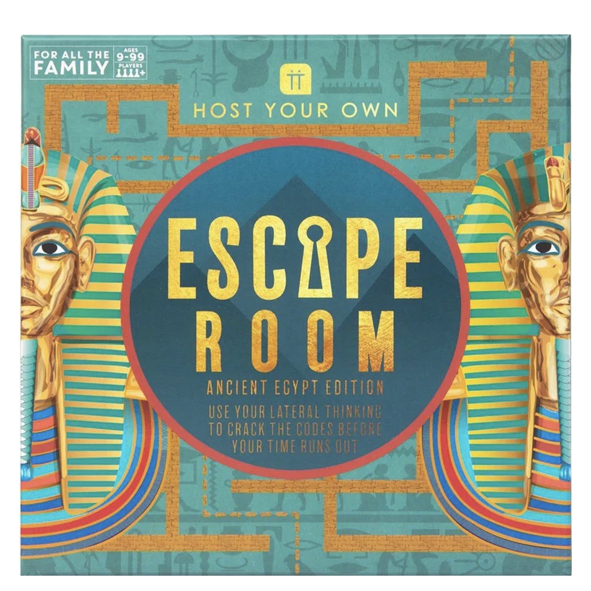 Escape room game box with Egyptian-themed design and text.