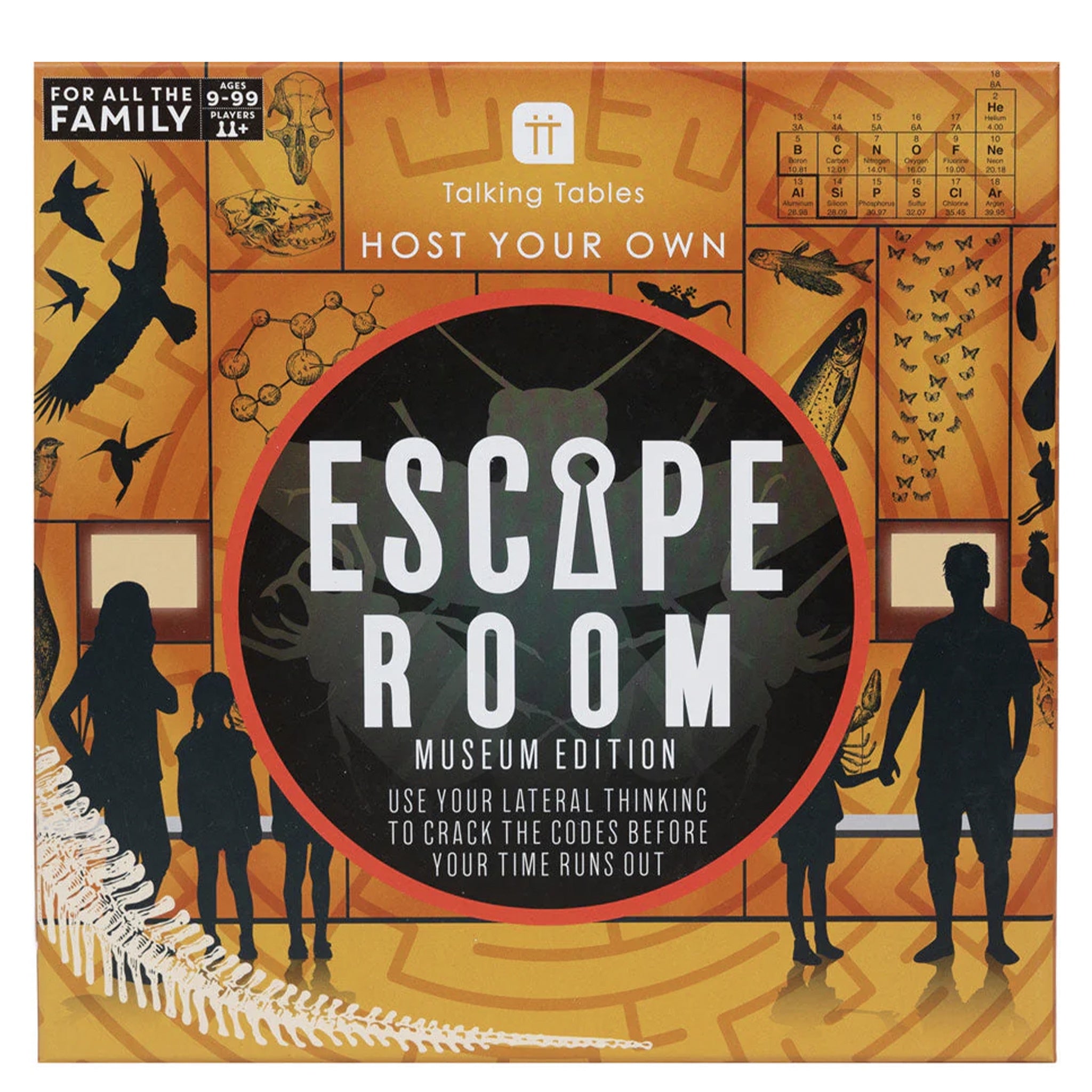 Escape Room game box with silhouettes of people and a museum-themed design.