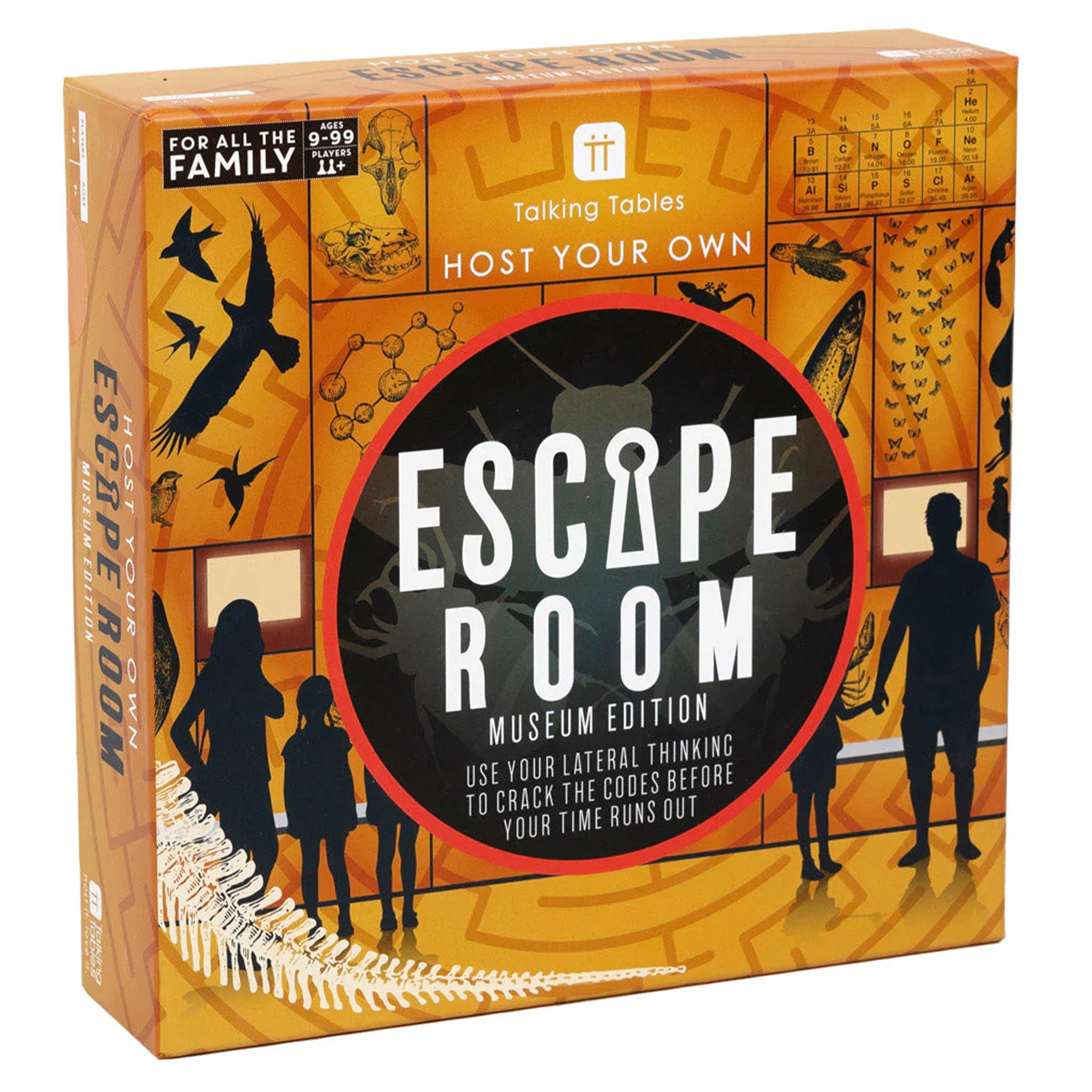 Box of 'Escape Room' board game with silhouettes and text on an orange background