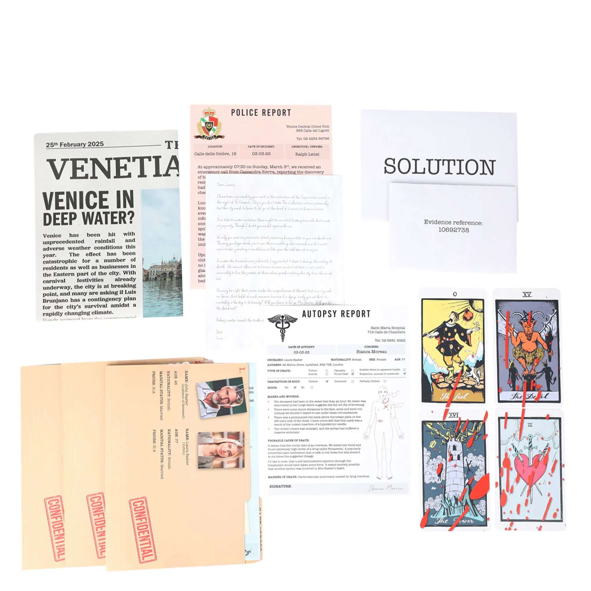 Alt Tag: Talking Tables Host your own Murder Mystery - Deadly Destinations Venice Edition game contents with evidence cards, police report and solution booklet