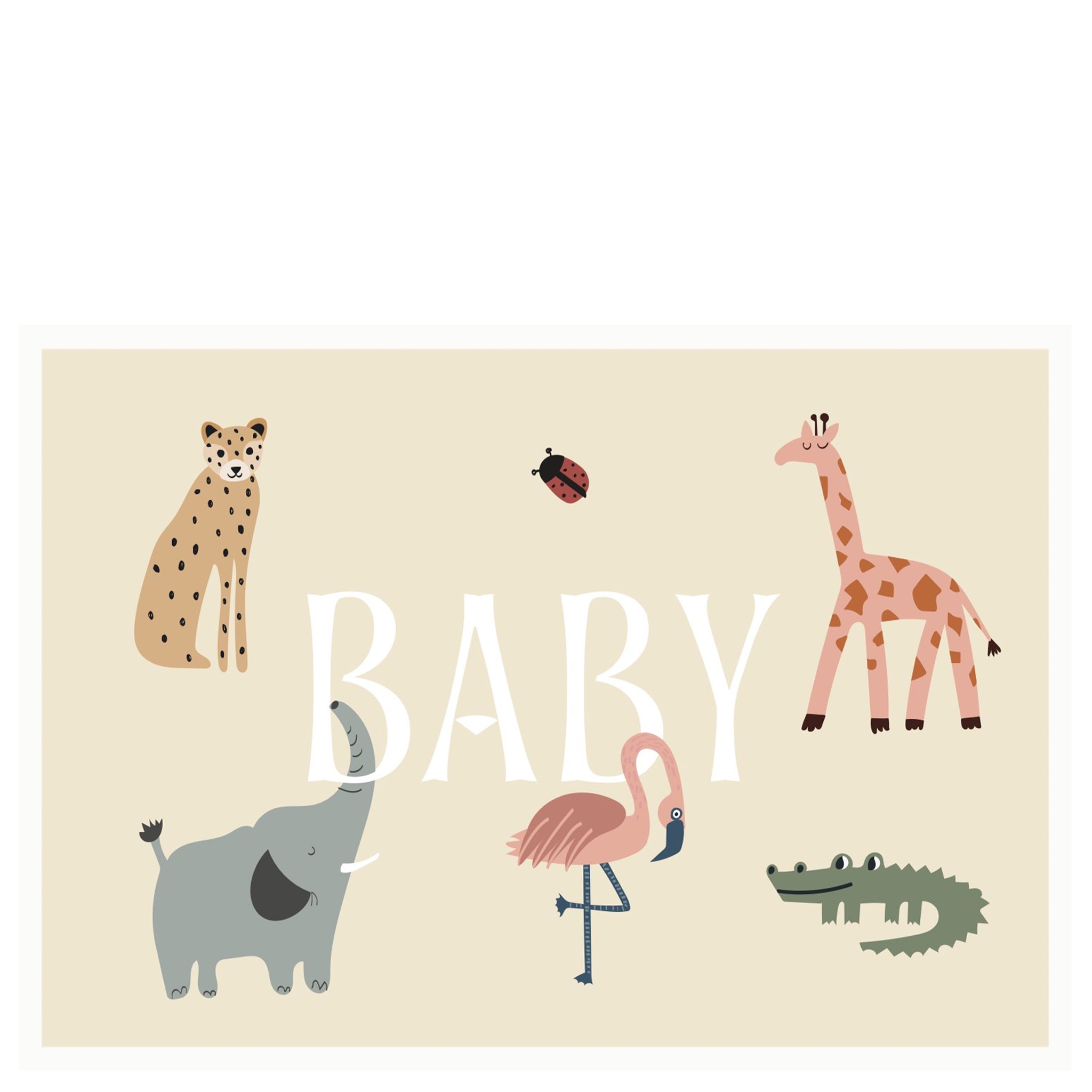 A greeting card with an illustration of various baby animals including a giraffe, elephant, lion, crocodile, and a flamingo, with the word 'BABY' in the center.